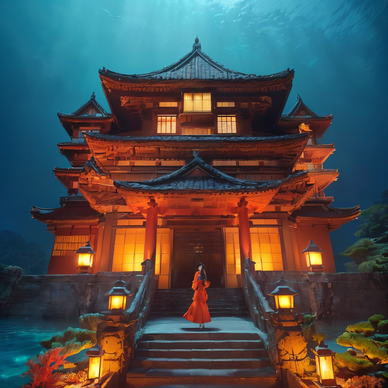 ((top-quality、masutepiece、8K、Top image quality、Highly complex and detailed depictions、super-fine、1 photo、The main character is a person and the castle is in the background.))、((One Princess、Please take a photo of the princess&#39;The upper part of the body、luxurious courtesan costume、Luxurious furisode、Luxurious hair ornaments、The background is a castle in the deep sea、She stands at the entrance of the deep sea castle、There are many beautiful fish swimming around the castle...、Lots of beautiful coral and fish)、((Japanese castle underwater in the background、Incredibly gorgeous underwater castle in the background、The most luxurious underwater castle in the background、Beautiful Niwa-lacquered castle pillars、With the exterior of Niwa-nuri Castle in the background、luxury tile roof、Gold decoration of Niwa-nuri Castle、Luxury Japanese castle with red and gold background、Castle glowing red in the background、red lantern lighting、The most glittering and complex castle、castle built at the bottom of the sea)))、(View me、Biggest smile、The happiest smile、Look at viewers、photo of her upper body、Perfectly depict detailed and complex underwater scenes、Detailed depictions of many beautiful sea creatures)