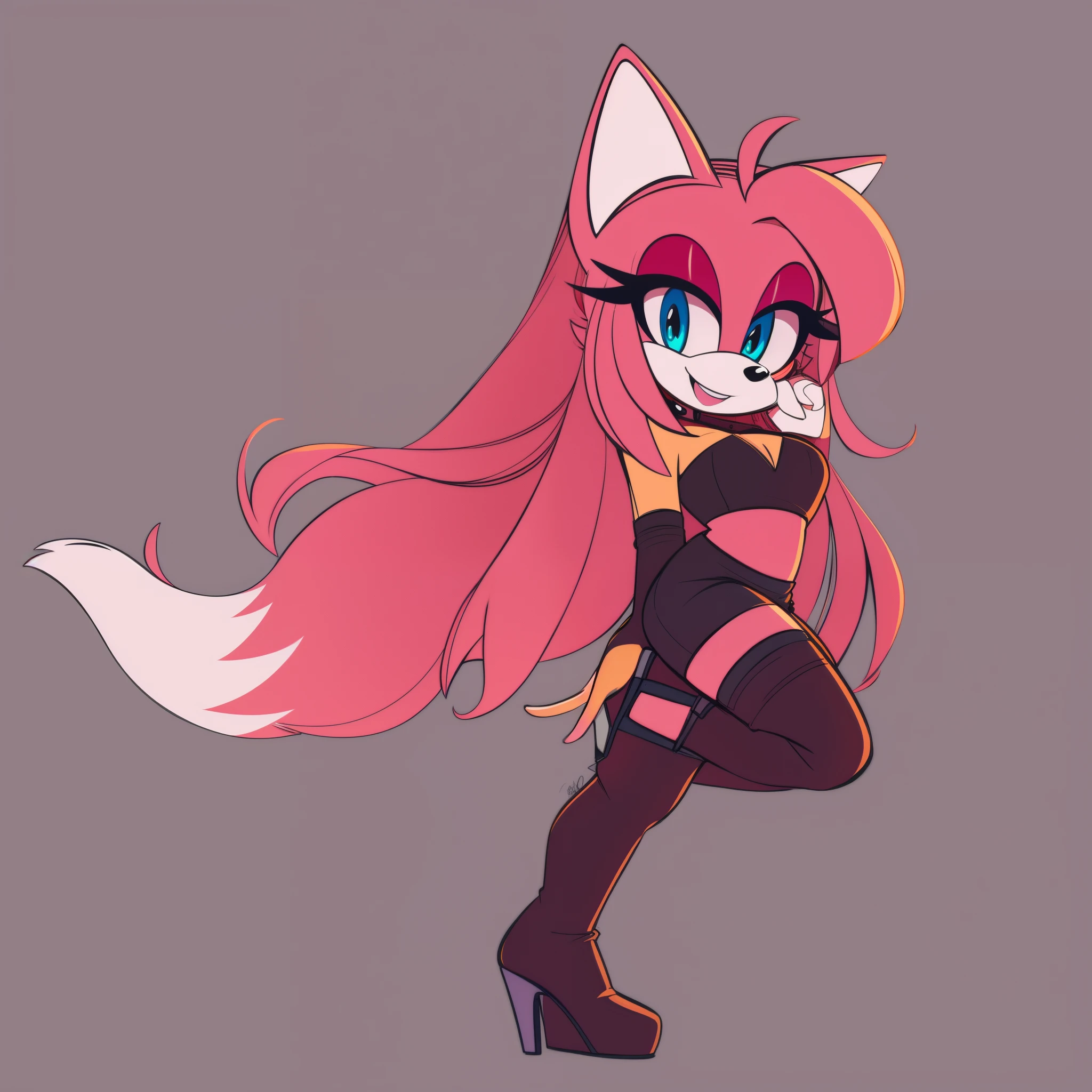 1girl, mobian, pink hair, full body, cyan eyes, hedgehog girl, long hair, pink fox like tails, gorgeous werefox fursona, thigh highs, high heels, boots, low cut cropped tube top, standing on one leg, looking at viewer, smile, makeup