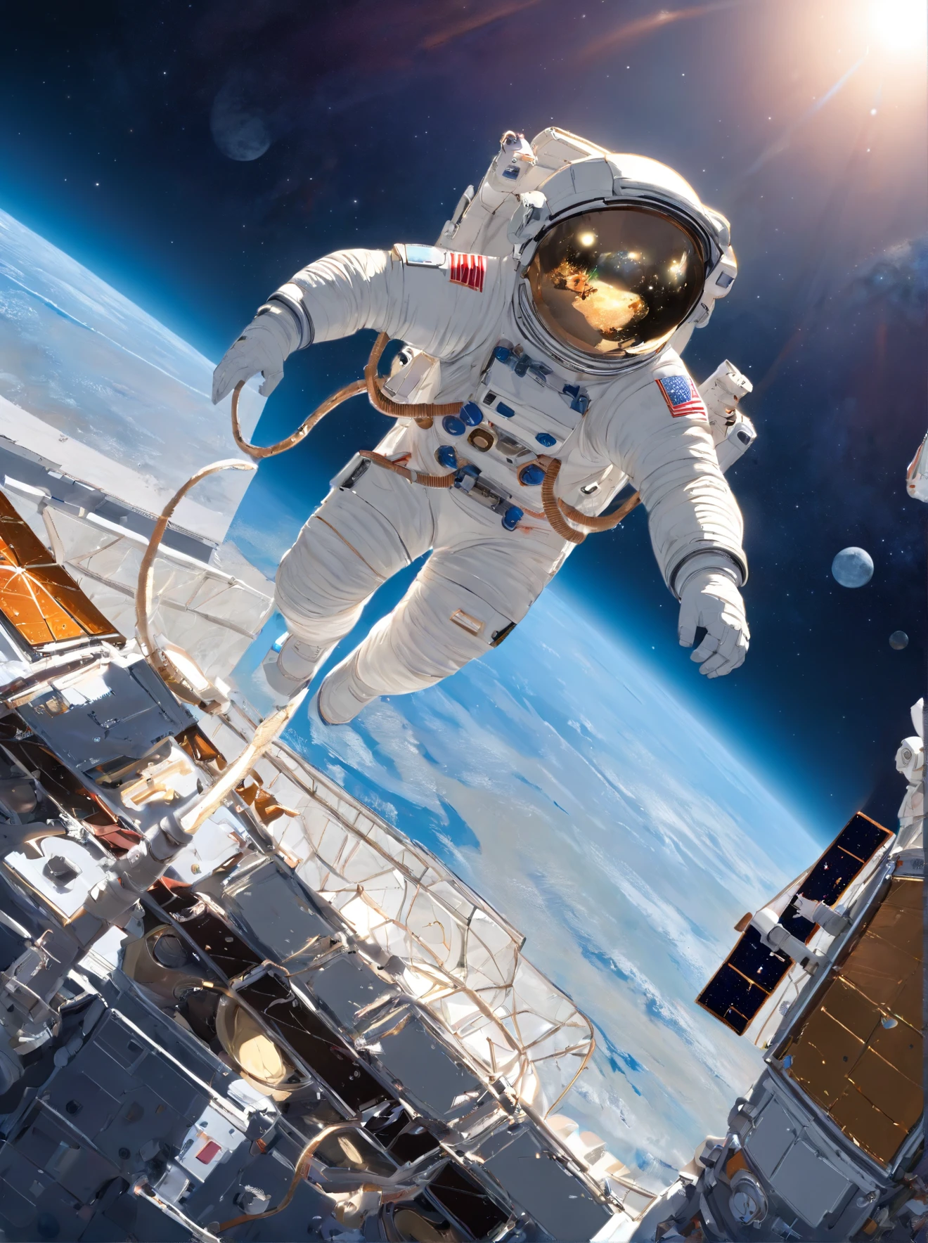 1 astronaut, helmet, space suit, (floating in zero gravity:1.2), earth, Moon, stars, Spaceship, (Reflect sunlight:0.8), Milky Way, (Distant galaxies:1.3), moons, rocket launch, (exhaust gas:0.9), space station, (Cosmic background radiation:1.1), spacewalk, (Tethered to a spacecraft:1.4), (Repair satellites:1.2), (Weightless environment:0.7), (Communication equipment:0.8), (Explore new planets:1.3), (Collect samples:1.1), solar system, (Reflection of an astronaut on a visor:0.9), (international space station:1.2), (An astronaut's perspective:1.3), (Re-entry into the atmosphere:1.4), (International cooperation:1.2), (View from inside the spacecraft:0.8), (Astronaut training:1.1), (moon landing:1.3), (Spacewalks in spacewalks):1.2), (Lunar rover:1.1), (Explore the unknown:1.4), (The shadow of an astronaut on the surface of the moon:0.9), (Floating tool:0.8), (Majestic globe landscape:1.3), (Interstellar Travel:1.2), (Astronaut badge:0.8), (Spacecraft control:1.1), (Celestial navigation:1.3), (The astronaut's visor reflects the Earth:1.2), (Space travelling:1.4), (The astronauts' spacewalk was tethered to the spacecraft:1.5).