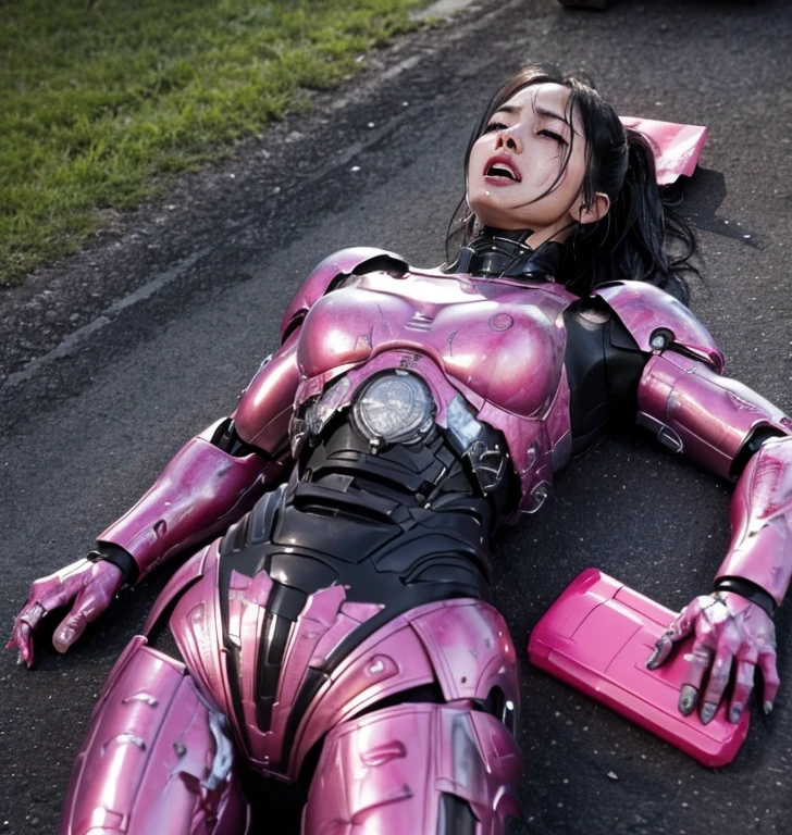 ((lying on your back on the ground))((Fulll body Shot))Middle-aged woman　sodden、Sweaty face、A heavy robot suit with a pink body、Full body pink and black armor, Black hair、Heavy Cyborg、Sweaty face、、Open the legs、((severely damaged body))、Opening Mouth、、((Drooling from the mouth..)) sexy eye　、Fainting look、Cracks in the ground、Blood from the mouth