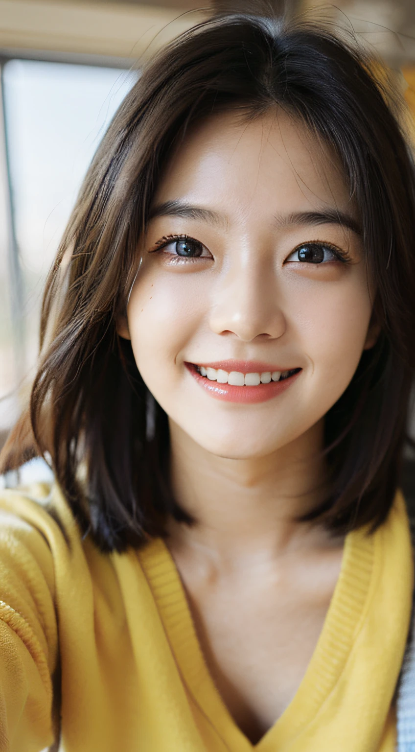 A happy smile looking at this、girl in a classroom with detailed eyes, beautiful lips, and detailed face, natural lighting, blowing wind, questioning expression, simple background, 18 years old, high-quality photo, artistic style, black pupils, windy day.