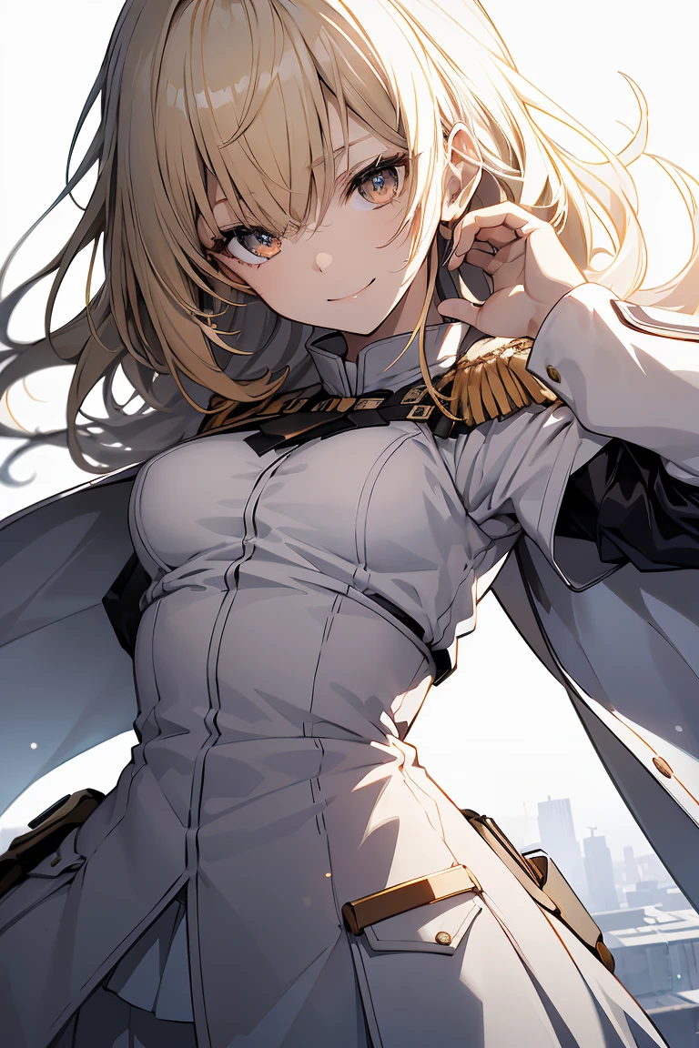 1 girl in, Full body, White one-piece military uniform, (masutepiece:1.2, Best Quality), (finely detailed beautiful eye: 1.2), (beautifull detailed face), High contrast, (Best Illumination, extremely delicate and beautiful), ((Cinematic Light)), Dramatic light, very orange eyes, flat , Belt under the , White military uniform, White skirt, blonde  hair, Black tie,  (Pale white background:1.5), Wolf cut hair, Look at me and smile, Dynamic Pose,