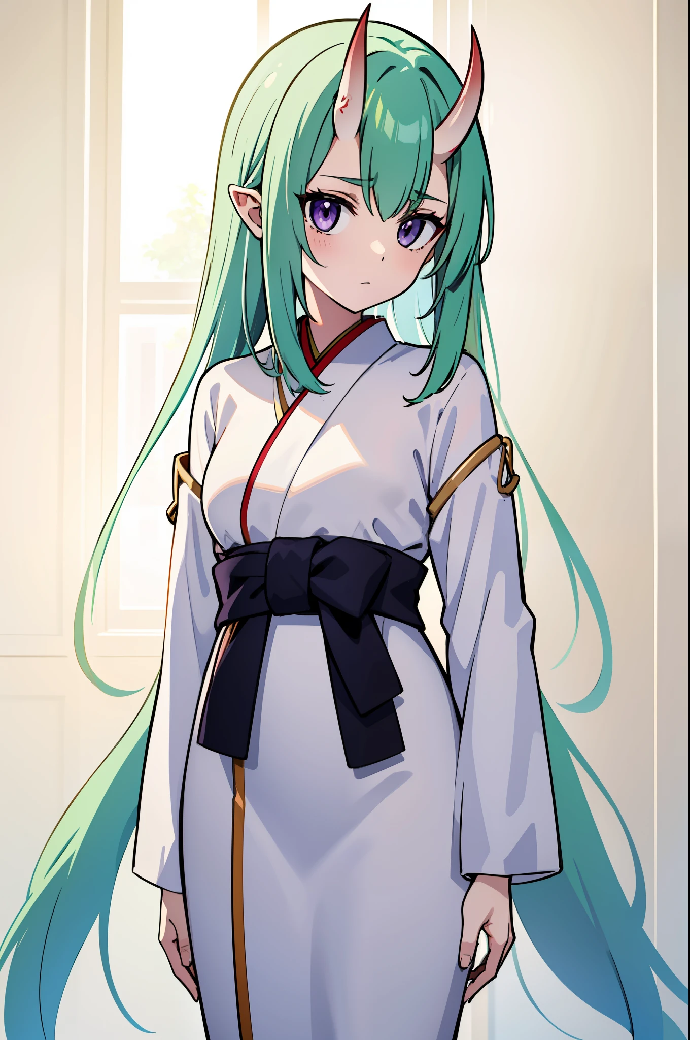 masterpiece, best quality, 4k, face close-up, portrait, 1girl, solo, beige hair, light green hair, pale green hair long hair, purple eyes, empty eyes, small breasts, (oni girl, oni horns), serious, determined, straight shot, white blouse, one piece blouse, japanese clothes, medieval fashion, standing, arms behind back, looking at viewer, white background, simple background, transparent background