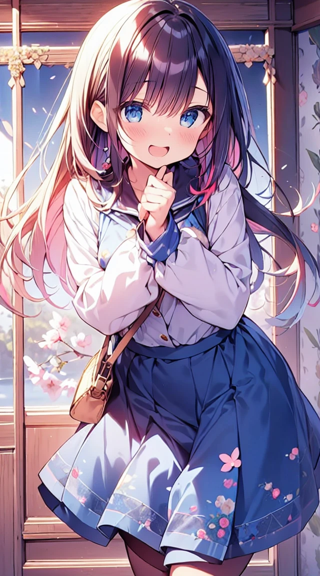 masutepiece, Best Quality,Illustration, Wallpaper, ultra -detail, Absurd beauty, 1beautiful girl、Bright hair color、big eye、Hair fluttering in the wind、♡、Spring landscape、great laughter、skirt by the、Futomo、Poses in motion