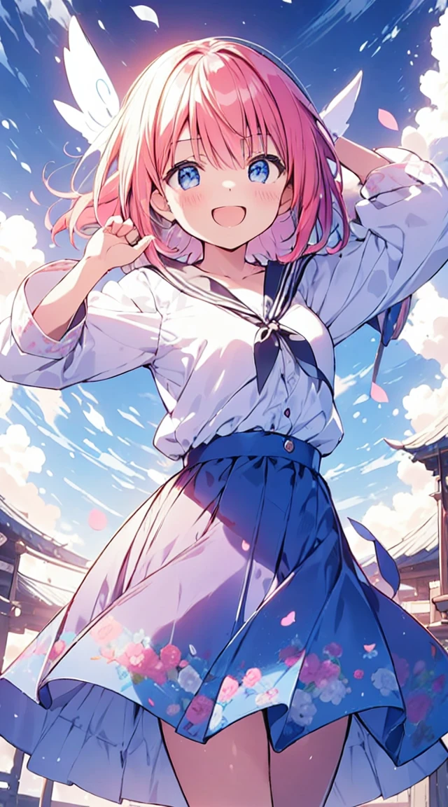 masutepiece, Best Quality,Illustration, Wallpaper, ultra -detail, Absurd beauty, 1beautiful girl、Bright hair color、big eye、Hair fluttering in the wind、♡、Spring landscape、great laughter、skirt by the、Futomo、Poses in motion