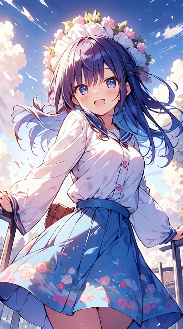 masutepiece, Best Quality,Illustration, Wallpaper, ultra -detail, Absurd beauty, 1beautiful girl、Bright hair color、big eye、Hair fluttering in the wind、♡、Spring landscape、great laughter、skirt by the、Futomo、Poses in motion