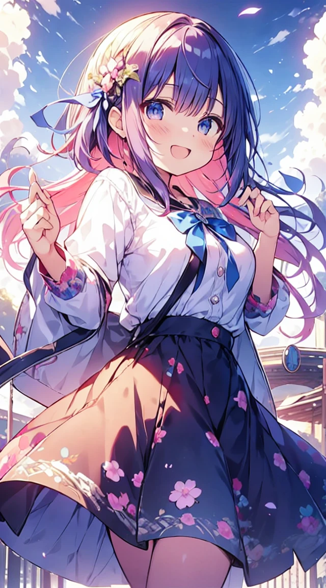 masutepiece, Best Quality,Illustration, Wallpaper, ultra -detail, Absurd beauty, 1beautiful girl、Bright hair color、big eye、Hair fluttering in the wind、♡、Spring landscape、great laughter、skirt by the、Futomo、Poses in motion