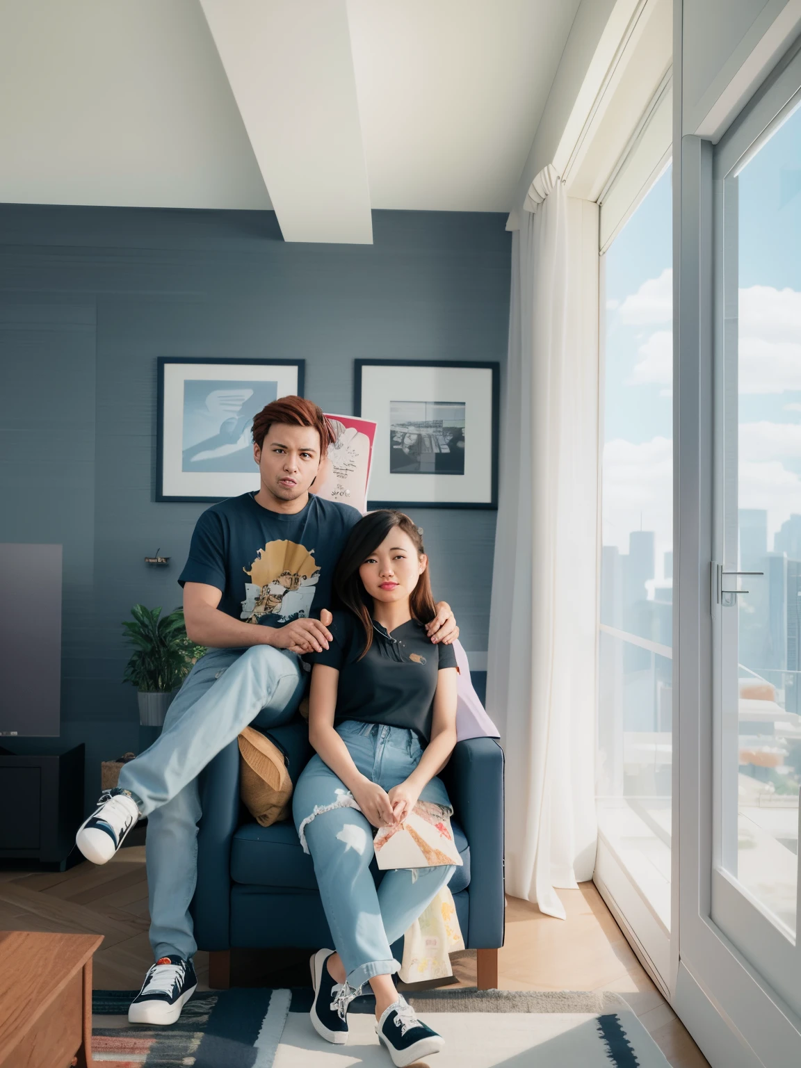 there are two people sitting on a couch in a living room,woman wear light blue ripped jeans from her legs realistic anime 3 d style, realistic movie still, official fanart, realistic artstyle, promotional render, photorealistic movie still, anime styled 3d, realistic 3 d style, ultra realistic 3d illustration, photorealistic artstyle, cinematic realistic photo, tyler edlin and natasha tan, movie still 8 k