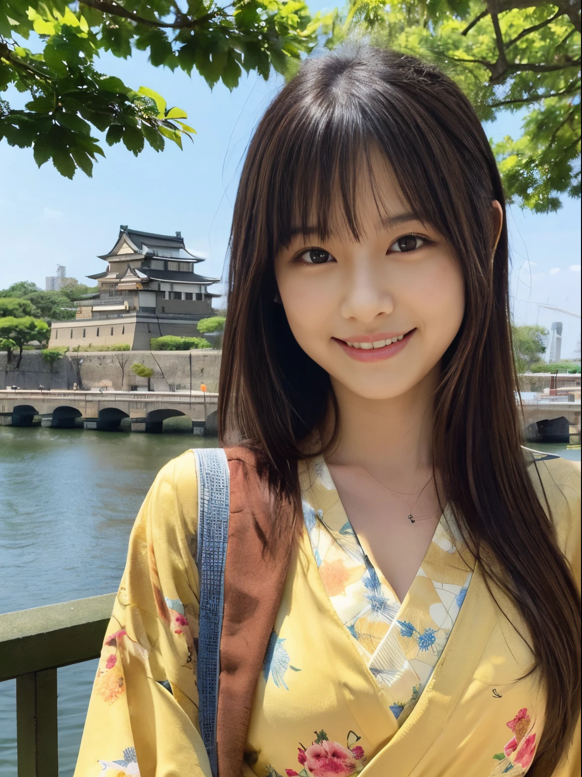 high-definition picture，1girl in, Solo,Japanese clothes with yellow floral pattern, Long hair, arma, knifes，Brown eyes, Looking at Viewer, Kimono, Brown hair, Lips, Smile, katanas, Black hair, Upper body, Closed mouth, With Osaka Castle in the background，