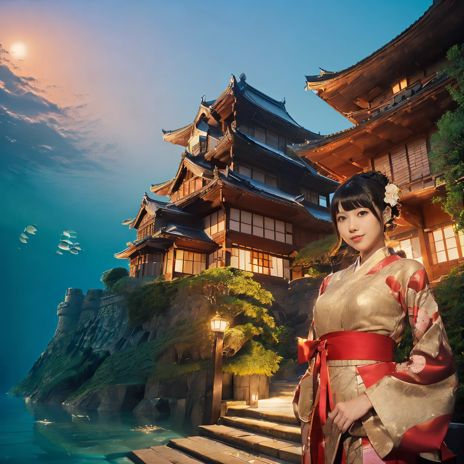 ((top-quality、masutepiece、8K、Top image quality、Very complex and detailed details、1 photo、The main character is a character with a castle in the background.))、((One Princess、Otohime 1 person、luxurious courtesan costume、Luxurious furisode、photo of her from the knees up、gorgeous courtesan、Luxurious hair ornaments、Exterior of Deep Sea Castle、Exterior of underwater castle、I'm in a castle under the sea)、((The background is Ryugu Castle, it is very complex and detailed.、Beautiful Niwa-lacquered castle pillars、Exterior of a gorgeous Japanese castle in the background、The exterior of Niwa-nuri Castle in the background、Luxury tiled roof in the background、Gold decoration of Niwa-nuri Castle in the background、shining water surface、castle under water、Castle under the sea、Many tropical fish swim around the castle、Luxurious Japanese castle in red and gold in the background、The most luxurious Ryugu Castle exterior in the background、A complete reproduction of Ryugu Castle from Japanese folk tales、Exterior of Japanese-style sea castle in the background、Exterior of Ryugu Castle in the sea in the background、Princess standing at the entrance to Ryugujo.)))、(View me、smil、A smile、Look at viewers、photo of her upper body、Complete reproduction of Ryugu Castle under the sea、Perfectly depict detailed and complex underwater scenes)