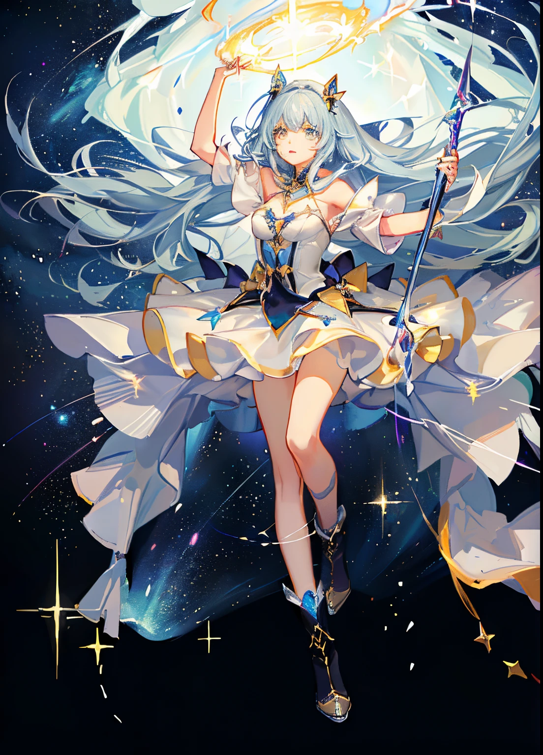 ((magical little girl)), ((Gorgeous starry sky background)), ((Ultra-detailed)), ((Best Illustration)), ((Cinematic lighting)), Dynamic Angle, floating, Finely detailed, (glitters:1.2), (spark of light:1.2), (shine:1.2), Classic, (Painting:1.1), (sketch:1.1), (Best Quality), (masutepiece:1.2), (Anime style), (Solo), beautifull detailed face, (Cute face:1.3), (Big eyes:1.3), Colorful hair, (Long hair:1.2), (Floating hair:1.2), (Magical Girl Costume), detailed costume, (Sparkling Wand:1.3), (magical effect:1.3), (flowing skirt:1.2), (Cute boots:1.1), (Transparent fabric:1.1), (Twinkle:1.2), (Glow:1.2), (brilliance:1.2), (flicker:1.2), (glare:1.2)
