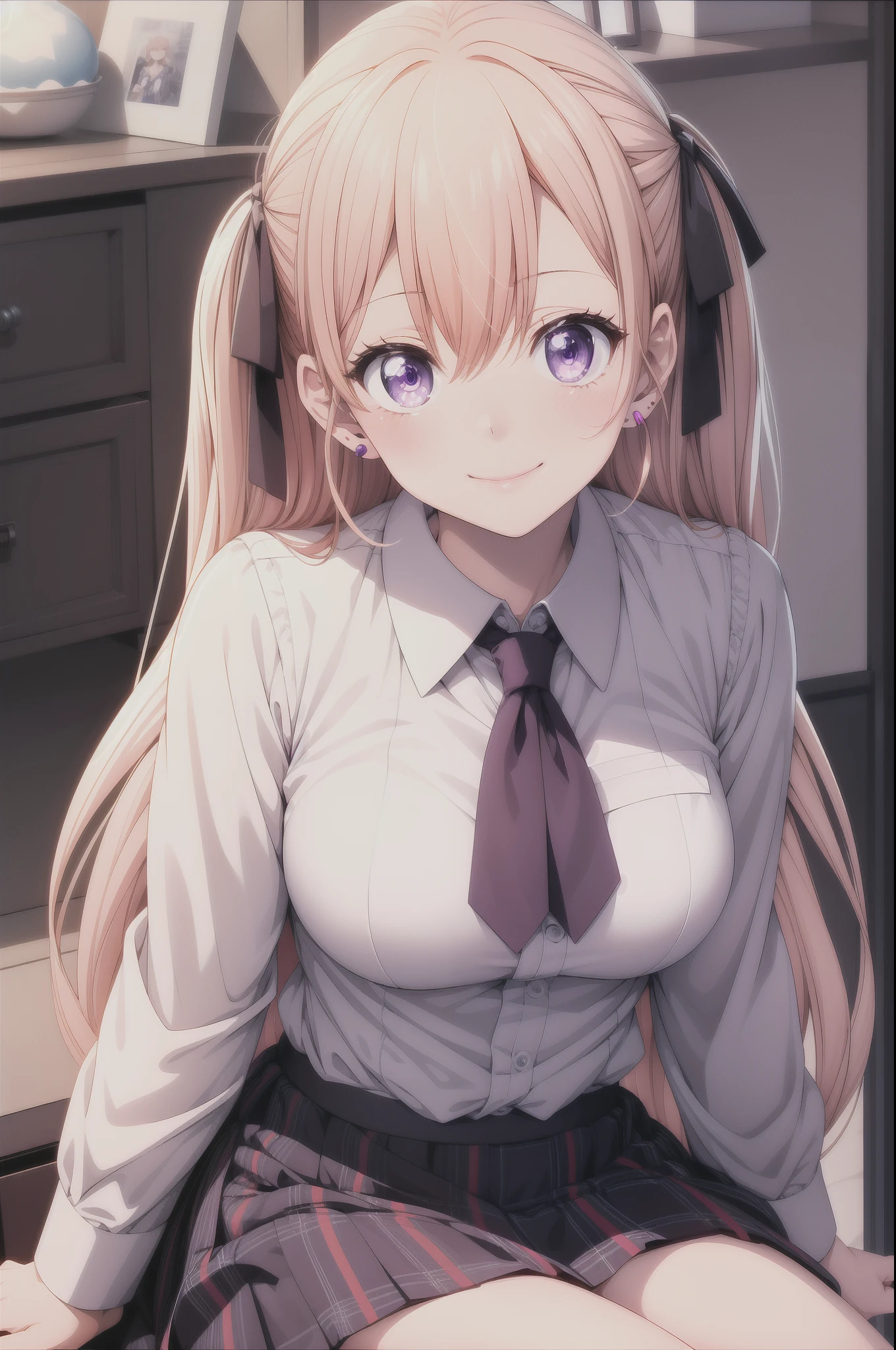 1girl, mahiru shiina, cum on face, one eyes open, tears, long blond hair, blush, lustfull snile, (naked), 1 boy lying, penis