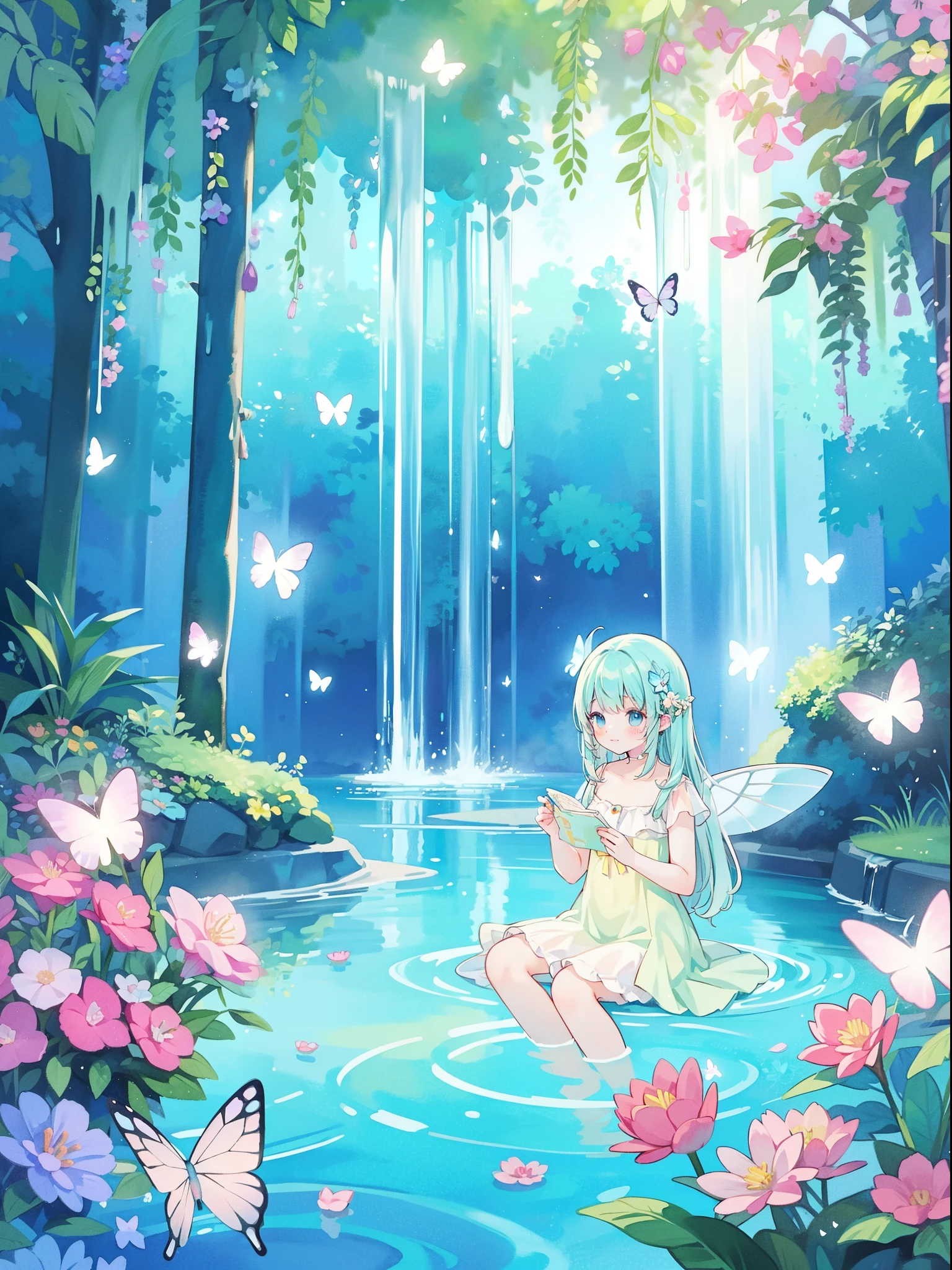 watercolor illustration, vibrant pastel colors, dreamy, colorful, whimsical, magical, masterpiece, best quality, sharp focus, intricately detailed environment, fine detail, 8k resolution, waterfall lagoon, (magical lagoon), (waterfall, lake), (glowing butterflies), beautiful magical fairy creatures, beautiful, golden ratio, perfect composition, perfect