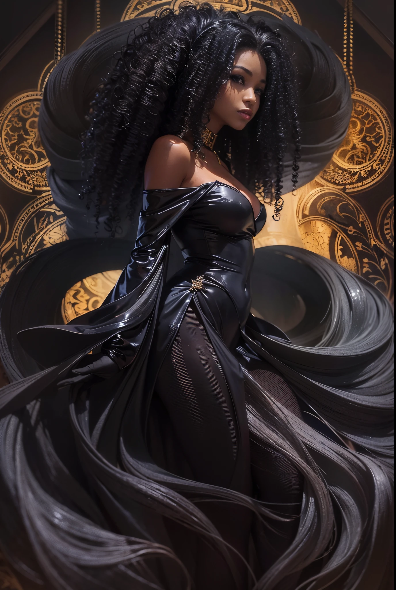 a black woman, light skin, in a black, velvet dress, posing for a picture, draped in velvety black, black dress, draped in black, light hues, gold glow, black aura, wearing a dress of velvety black, glowing black aura, gorgeous woman, black clothes, black pantyhose, bathed in light, big hair, curly hair, long hair, full body pose, medium size breasts, gothic, dark fantasy, dark fantasy back ground