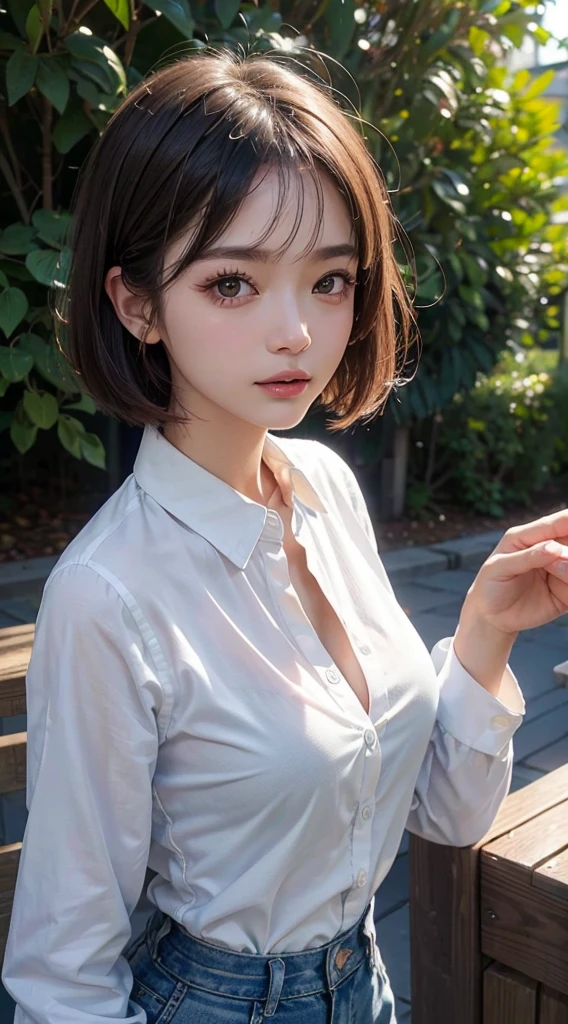(a closeup:1.4)、(Raw photography:1.2)、(Photorealsitic:1.4)、(masterpiece:1.3)、(top-quality:1.4)、one girls、(Slender and beautiful girl)、(FULL BODYSHOT)、独奏、cute little、((Buttoned shirt、open-shirt))、no-bra、鎖骨、(large full breasts:1.2)、beauty breast、(a short bob:1.2)、Look at viewers、浅笑、makeup、