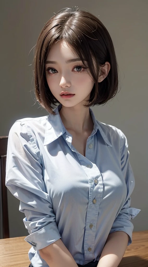 (Raw photo, Best Quality), (Realistic, Photorealsitic:1.3), masutepiece, extremely delicate and beautiful,Soft light, (Brown hair, Short hair, Bangs), Beautiful detailed girl, Detailed fingers, extremely detailed eye and face, beautiful detailed nose, Beautiful detailed eyes, 1 girl, Cute, 年轻, Collared shirt made of silk, Denim jeans, pale skin, (Half body:1.3, Sitting), (medium breasts), Realistic face, Realistic body,