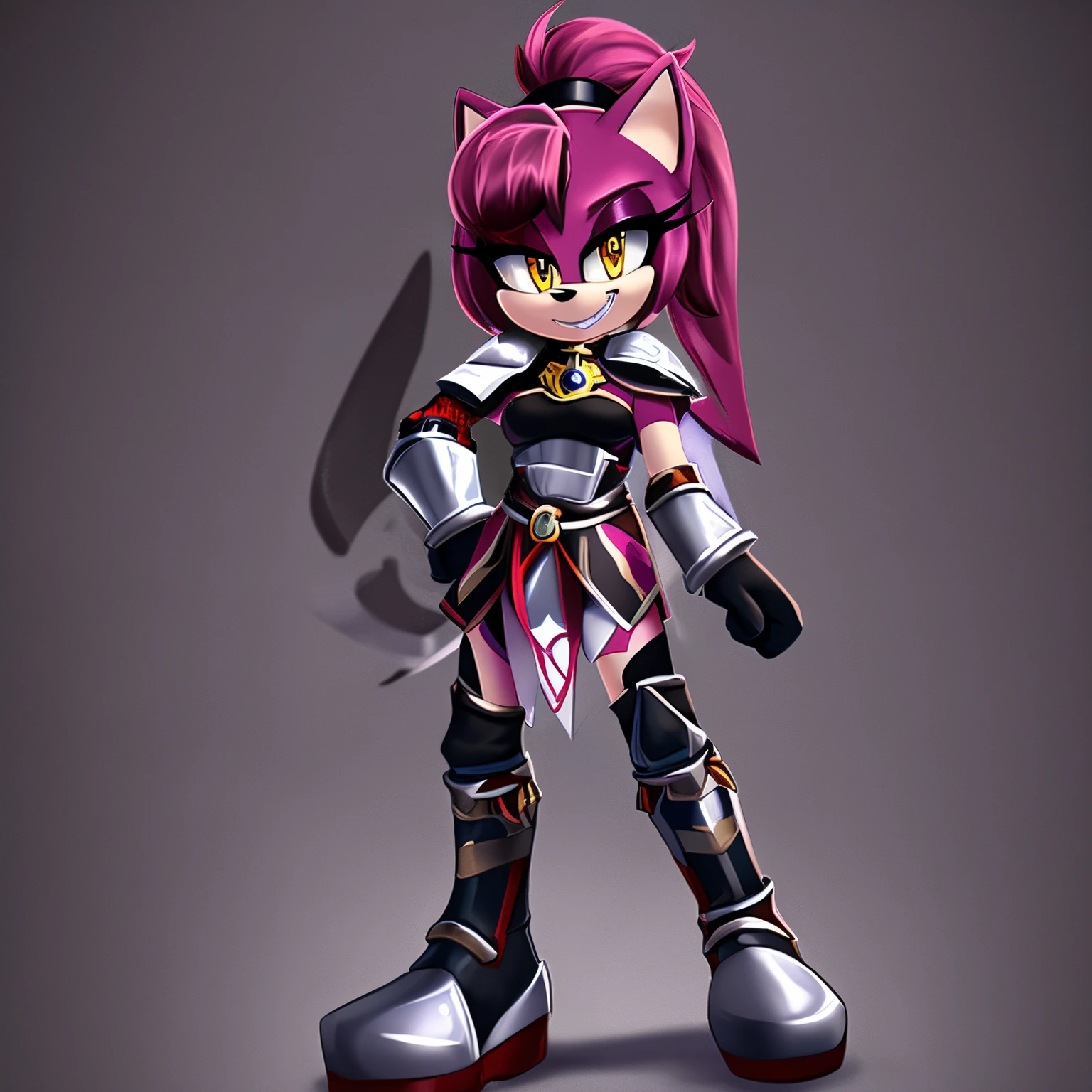 mobian, 1girl, solo, animal ears, gloves, furry female, boots, animal nose, smile, clenched hands, teeth, full body, standing, looking at viewer, ponytail, yellow eyes, breasts, grin, makeup, ((wearing templar knight armor))