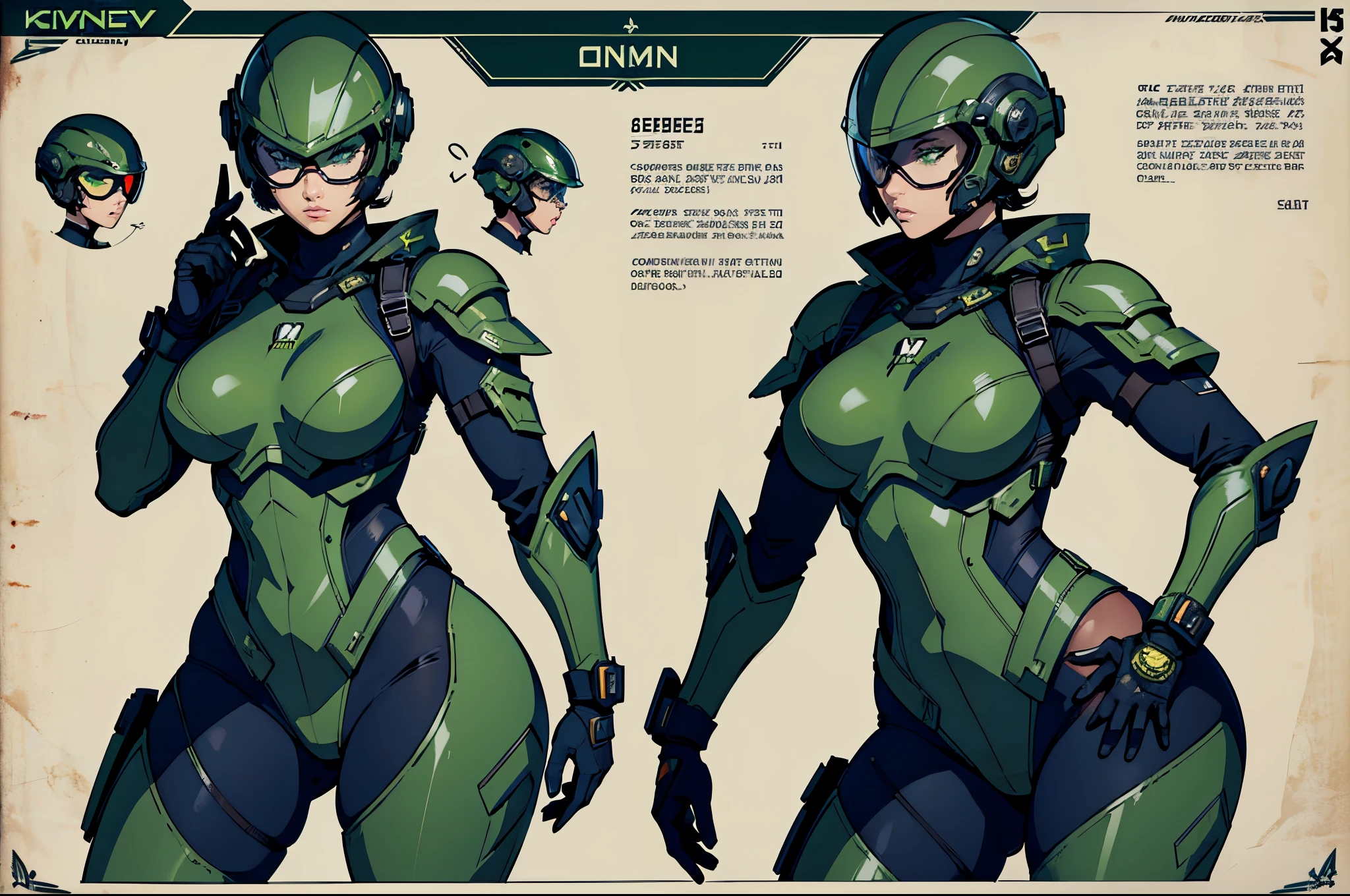 Masterpiece, High quality, ((character concept art)), ((character design sheet, same character))

a futuristic-looking female military commander, wearing a ((kevlar helmet)) and is dressed in ((emerald suit)), holding weapon, holding gun, wearing epTactical, XCOM game inspired, XCOM character, ((wide hips)) tall, video game character design, accessories,

Expert high detail concept art, comic book style, intricate comic book outline line work, flat colors, concept art, solid background