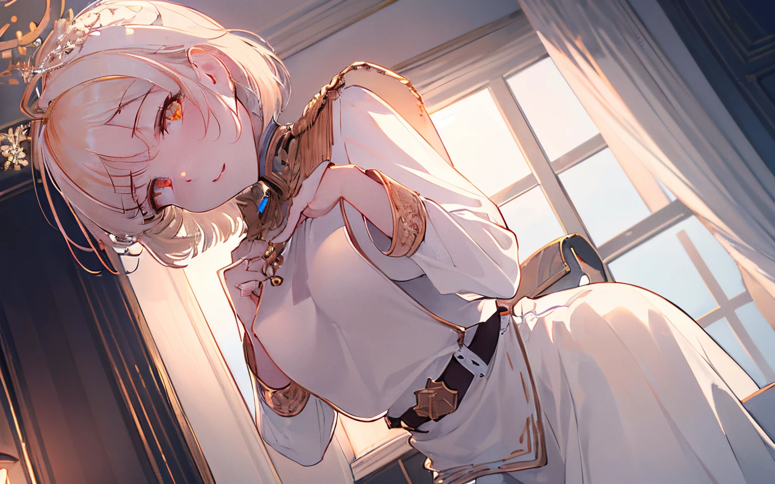 White one-piece military uniform, (masutepiece:1.2, Best Quality), (finely detailed beautiful eye: 1.2), (beautifull detailed face), High contrast, (Best Illumination, extremely delicate and beautiful), ((Cinematic Light)), Dramatic light, Intricate details, dark orange eyes, Small boods, Belt under boobs, White military uniform, White skirt,blonde hair, Wolf cut hair, accurate hands, Look at me and smile, ruddy skin
