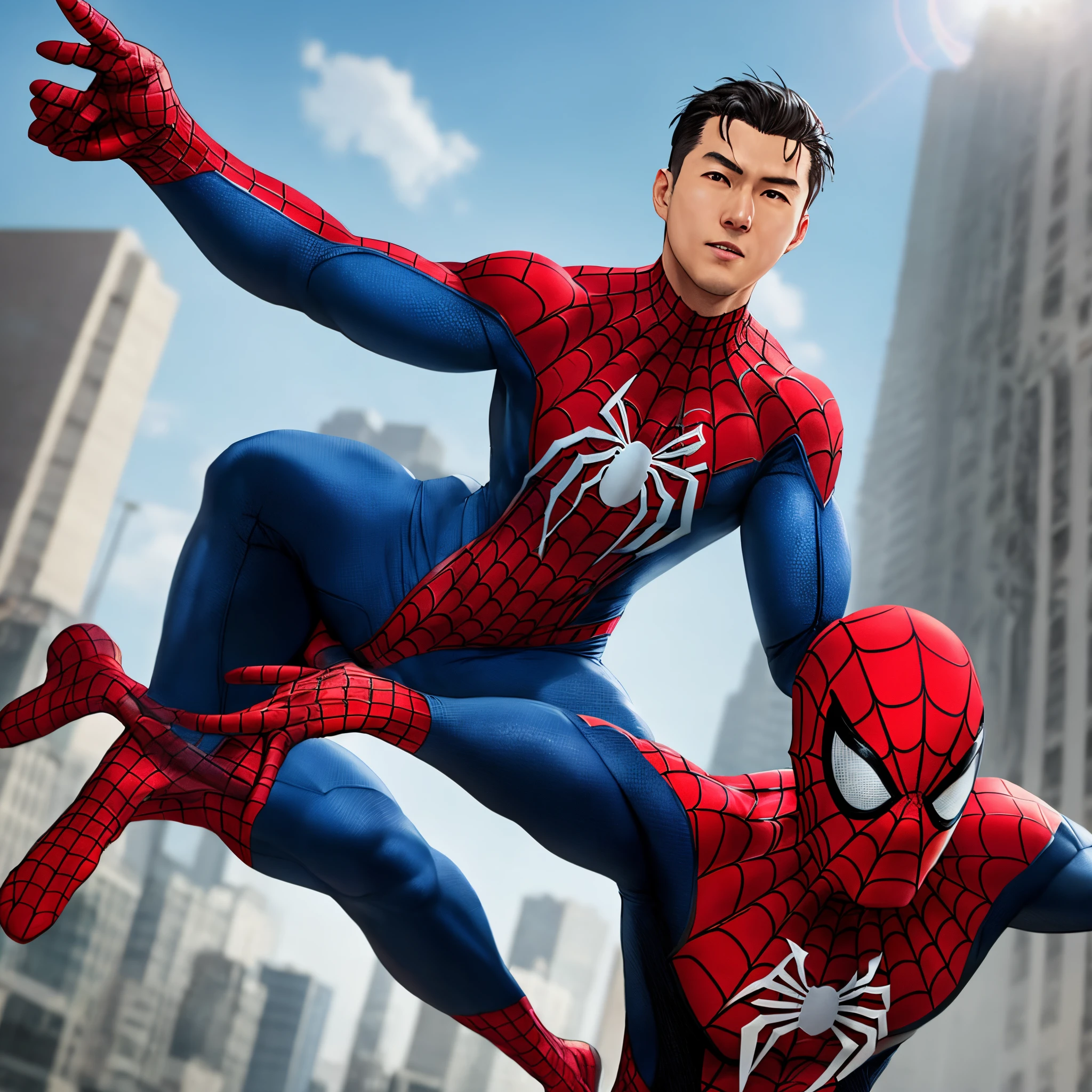A character with characteristics of Satoru Gojo with a Spider-Man costume and without a mask