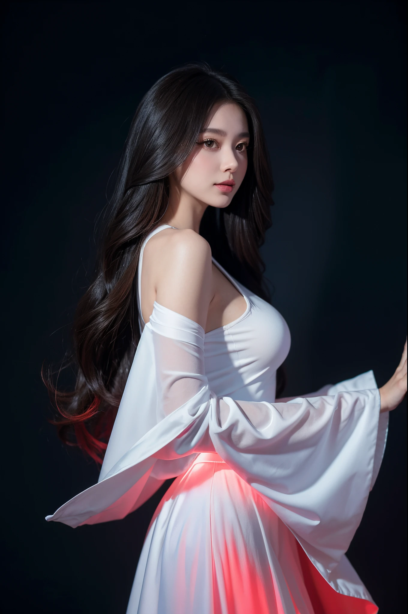 tmasterpiece, Best quality at best, julia faith, 1个Giant Breast Girl, Alone, long whitr hair, looking at viewert, Be red in the face, ssmile, negative space, (Bio-luminescence:1.2), darkly, deep dark background, longer sleeves, a skirt, exposed bare shoulders, mediuml breasts, Very long hair, Wide sleeves, capes, White dress, cirque