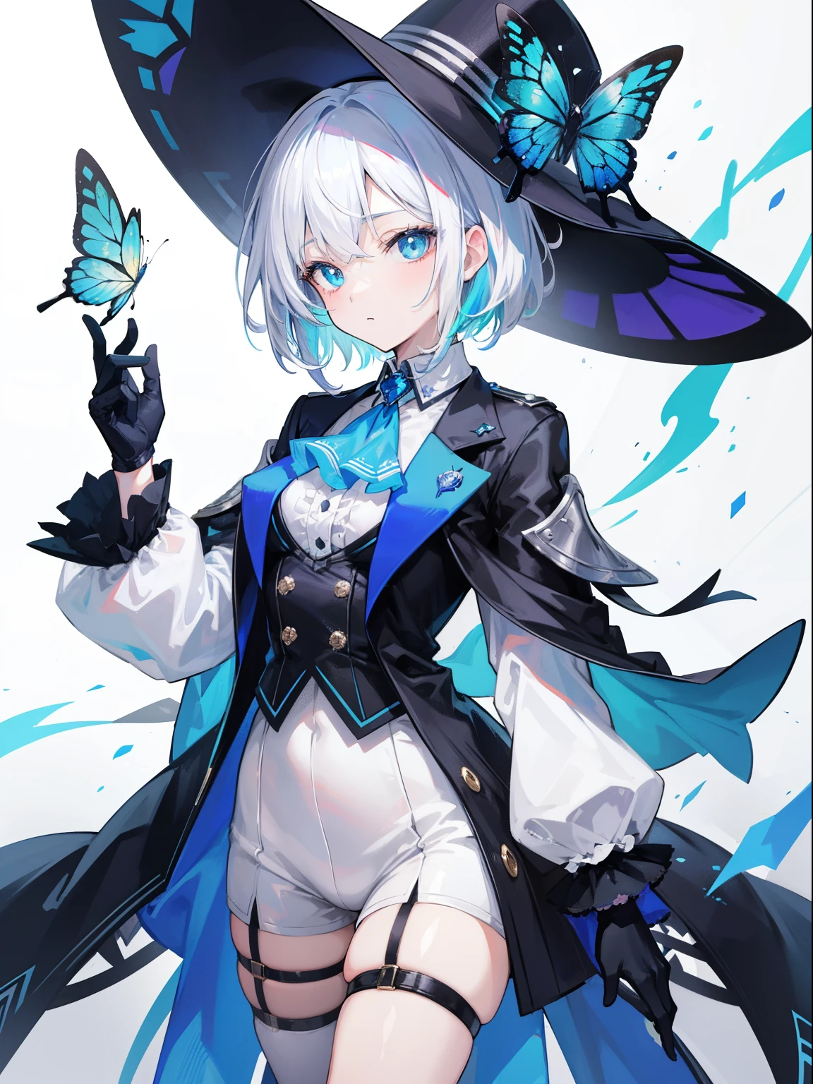 girls, White hair, blue highlights, cyan left eyes, blue right eyes, teenager, lady nobility cloth, neat outfit, costume with blue accents, white shirt, blue jacket, short white pant, medium short hair, solo, heterochromia, wearing hat, wearing gloves, left white gloves, black right gloves, multicolored hair, ahoge, ascot, black ascot, long sleeves, blue top hat, jacket, butterfly, frilled sleeves, mismatched gloves, thigh straps, medium breasts, full portrait of elementalist, mismatched pupils, multicolored eyes, high quality, best quality,