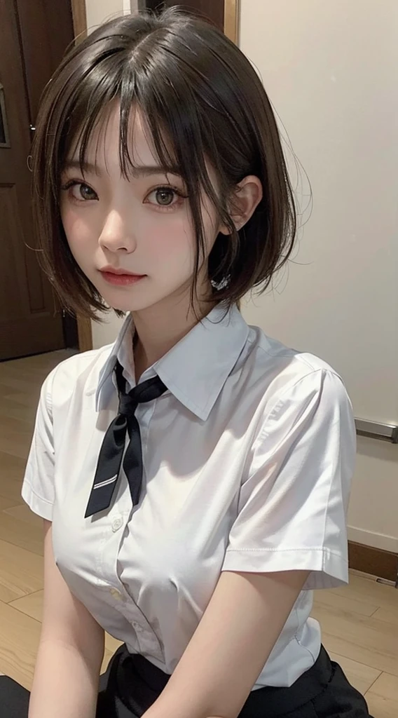 (a closeup:1.4)、(Raw photography:1.2)、(Photorealsitic:1.4)、(masterpiece:1.3)、(top-quality:1.4)、one girls、(Slender and beautiful girl)、(FULL BODYSHOT)、独奏、cute little、((Buttoned shirt、open-shirt))、no-bra、鎖骨、(large full breasts:1.2)、beauty breast、(a short bob:1.2)、Look at viewers、浅笑、makeup、