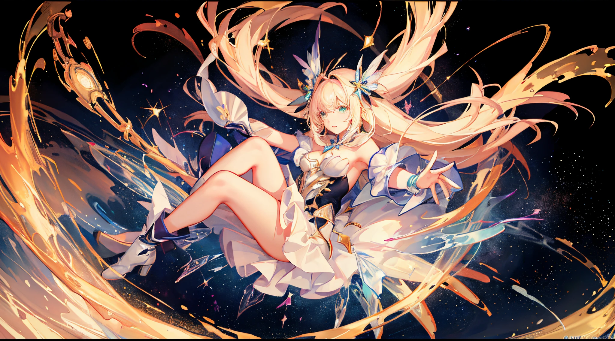 ((Magical Girl)), ((Gorgeous Starry Sky Background)), ((Super Definition)), ((Best Illustration)), ((Cinematic Lighting)), Dynamic Angle, Floating, Detail, (Glitter: 1.2), (Shine: 1.2), (Shine: 1.2), Classic, (Paint: 1.1), (Sketch: 1.1), (Best Quality), (Masterpiece: 1.2), (Anime Style), (Solo), Beautiful Detail Face, (Cute Face: 1.3), (Big Eyes: 1.3), Colorful Hair, (Long Hair: 1.2), (Floating Hair: 1.2), (Magical Girl Costume), Detailed Costumes, (Glowing Wand: 1.3), (Magic Effects: 1.3), (Flowing Skirt: 1.2), (Cute Boots: 1.1), (Transparent Fabric: 1.1), (Glitter: 1.2), (Glow: 1.2), (Shine: 1.2), ( Flicker:1.2) , (Dazzle:1.2)