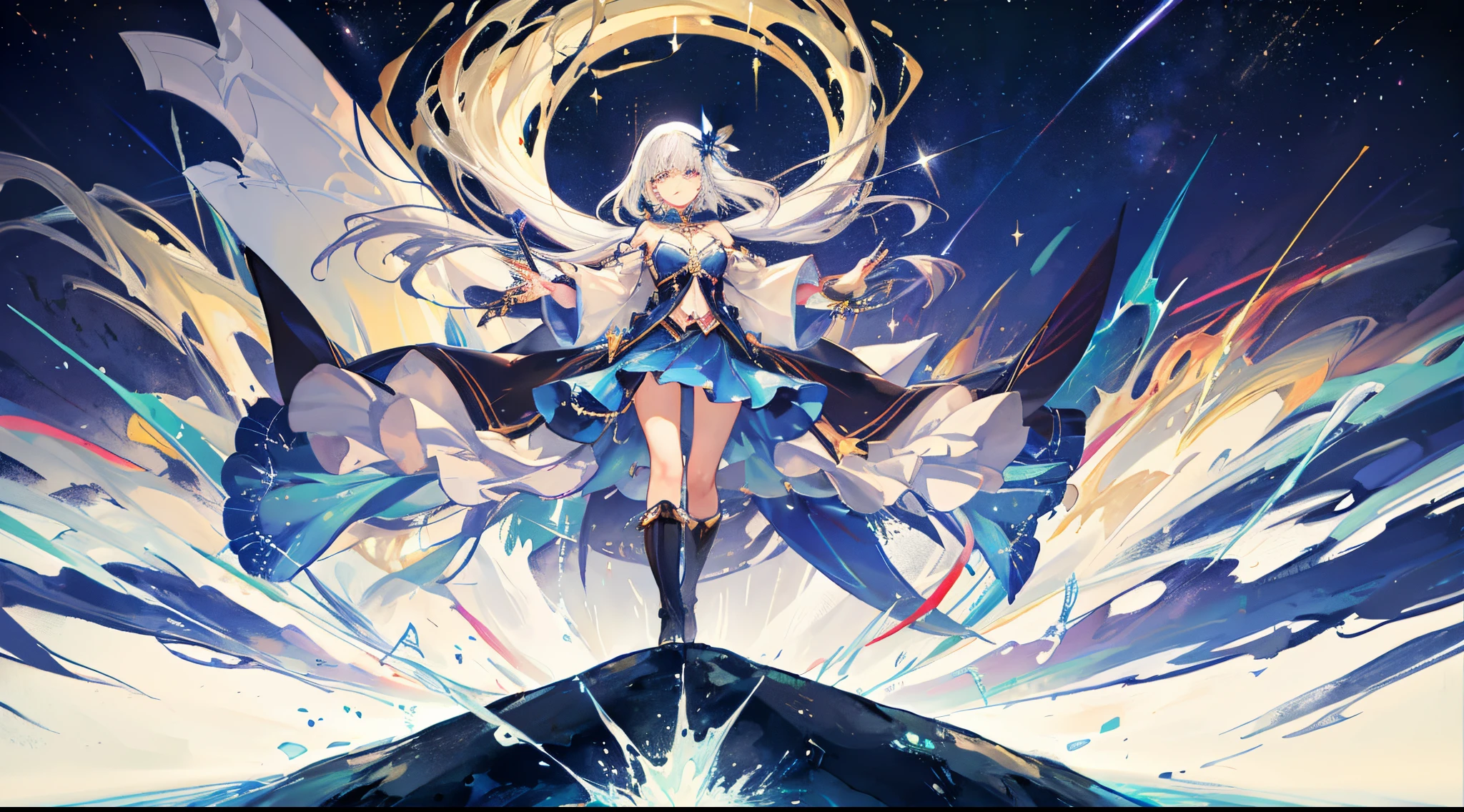 ((Magical Girl)), ((Gorgeous Starry Sky Background)), ((Super Definition)), ((Best Illustration)), ((Cinematic Lighting)), Dynamic Angle, Floating, Detail, (Glitter: 1.2), (Shine: 1.2), (Shine: 1.2), Classic, (Paint: 1.1), (Sketch: 1.1), (Best Quality), (Masterpiece: 1.2), (Anime Style), (Solo), Beautiful Detail Face, (Cute Face: 1.3), (Big Eyes: 1.3), Colorful Hair, (Long Hair: 1.2), (Floating Hair: 1.2), (Magical Girl Costume), Detailed Costumes, (Glowing Wand: 1.3), (Magic Effects: 1.3), (Flowing Skirt: 1.2), (Cute Boots: 1.1), (Transparent Fabric: 1.1), (Glitter: 1.2), (Glow: 1.2), (Shine: 1.2), ( Flicker:1.2) , (Dazzle:1.2)