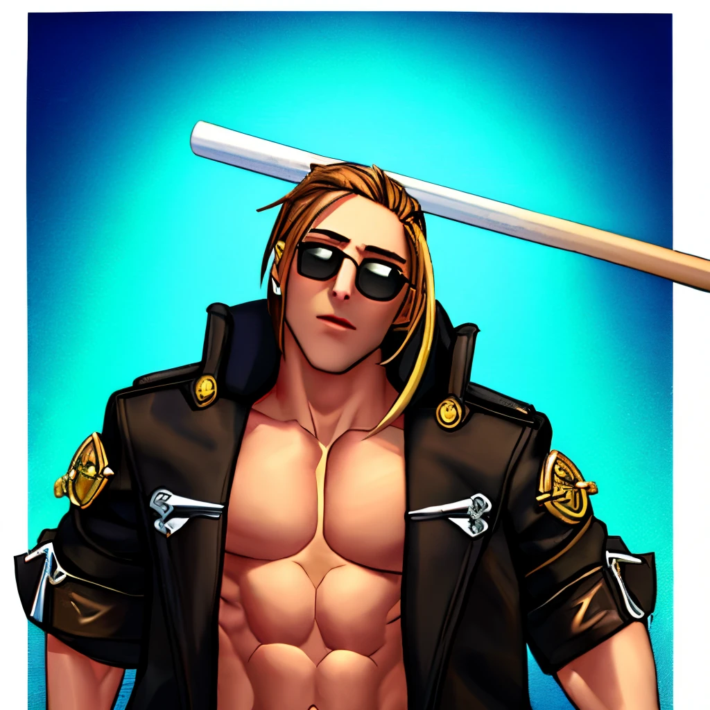 Highly detailed, High Quality, Masterpiece, HornyJail, (baseball bat:1.4), 1boy, solo, (coat:1.4), (sunglasses:1.4), (brown fingerless gloves:1.4), brimmed cowboy hat, (open clothes:1.4), pectorals, muscular, abs, (hit on the head:1.4)