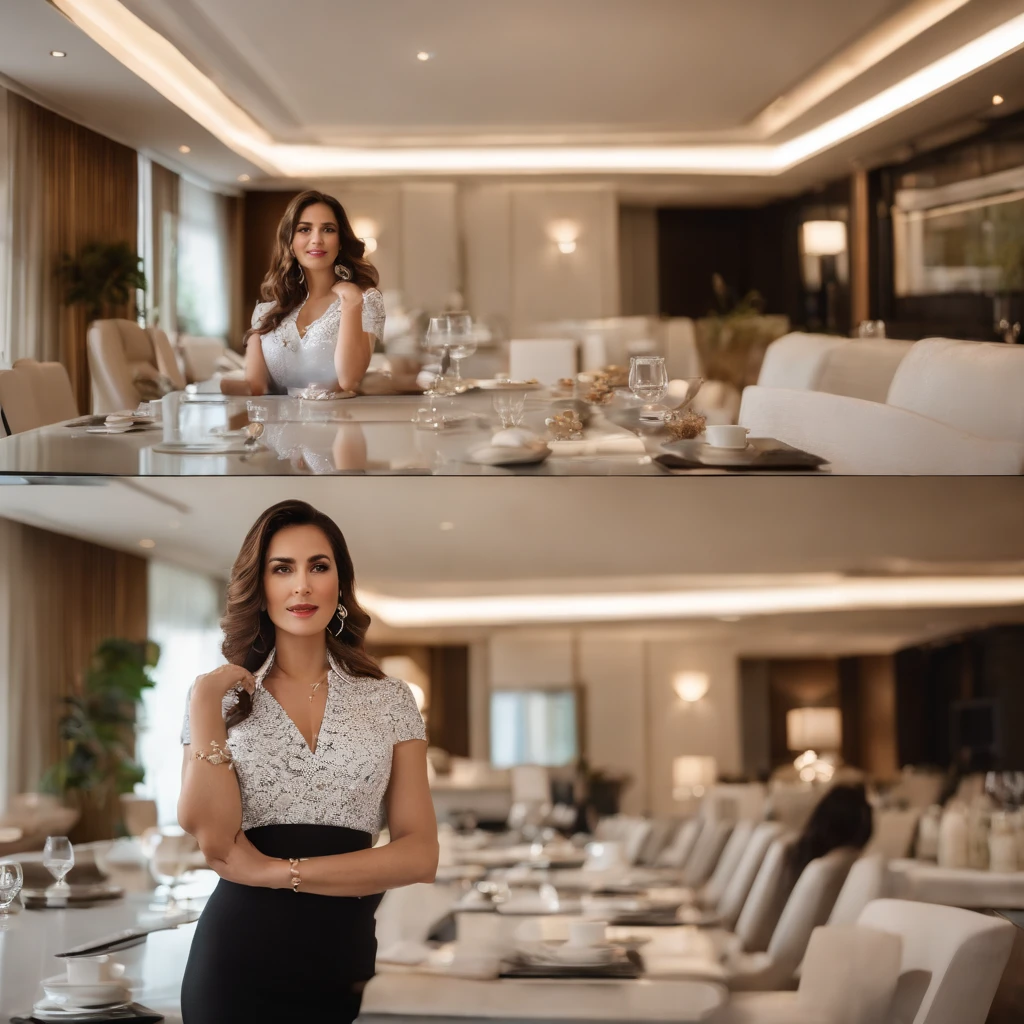 high-definition photograph,macro shot,close up photograph,电影灯光,horizontal angle panoramic angle,Real selfies,46-year-old female model standing elegantly in front of the conference table:1.2,Professional female image,Wearing a sexy white T-shirt with a colorful floral pattern:1.2,Two large rectangular gold earrings, Full body close-up in white short skirt:1.2,Seductive eyes,face flushed,The face is a little red,A shy look,Close-up photo of the bust:1.2,A plump chest,sexy boobs:1.1,Stand by the bed,Elegant white legs,Elegant and seductive posture:1.3Standing at the conference table,delicate skin,gentlesoftlighting,HD picture,extremly high detail,High-class charm,Fuji Film,ultra-realistic realism,8K high-definition,Super stunning。