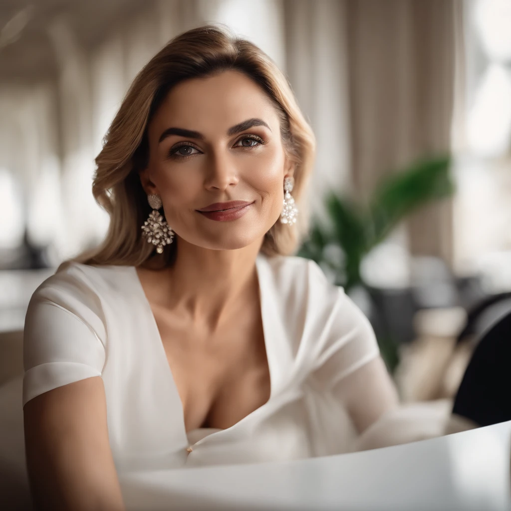 high-definition photograph，macro shot，close up photograph，电影灯光，horizontal angle panoramic angle，Real selfies，46-year-old female model standing elegantly in front of the conference table：1.2，Professional female image，Wearing a sexy white T-shirt with a colorful floral pattern：1.2，Two large rectangular gold earrings, Full body close-up in white short skirt：1.2，Seductive eyes，face flushed，The face is a little red，A shy look，Close-up photo of the bust：1.2，A plump chest，sexy boobs：1.1，Stand by the bed，Elegant white legs，Elegant and seductive posture：1.3Standing at the conference table，delicate skin，gentlesoftlighting，HD picture，extremly high detail，High-class charm，Fuji Film，ultra-realistic realism，8K high-definition，Super stunning。