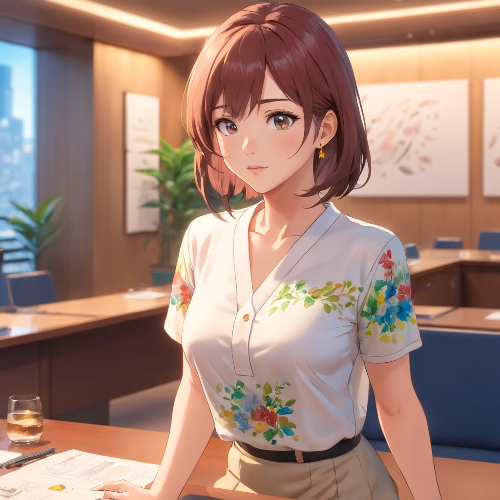 high-definition photograph,macro shot,close up photograph,电影灯光,horizontal angle panoramic angle,Real selfies,46-year-old female model standing elegantly in front of the conference table:1.2,Professional female image,Wearing a sexy white T-shirt with a colorful floral pattern:1.2,Two large rectangular gold earrings, Full body close-up in white short skirt:1.2,Seductive eyes,face flushed,The face is a little red,A shy look,Close-up photo of the bust:1.2,A plump chest,sexy boobs:1.1,Stand by the bed,Elegant white legs,Elegant and seductive posture:1.3Standing at the conference table,delicate skin,gentlesoftlighting,HD picture,extremly high detail,High-class charm,Fuji Film,ultra-realistic realism,8K high-definition,Super stunning。