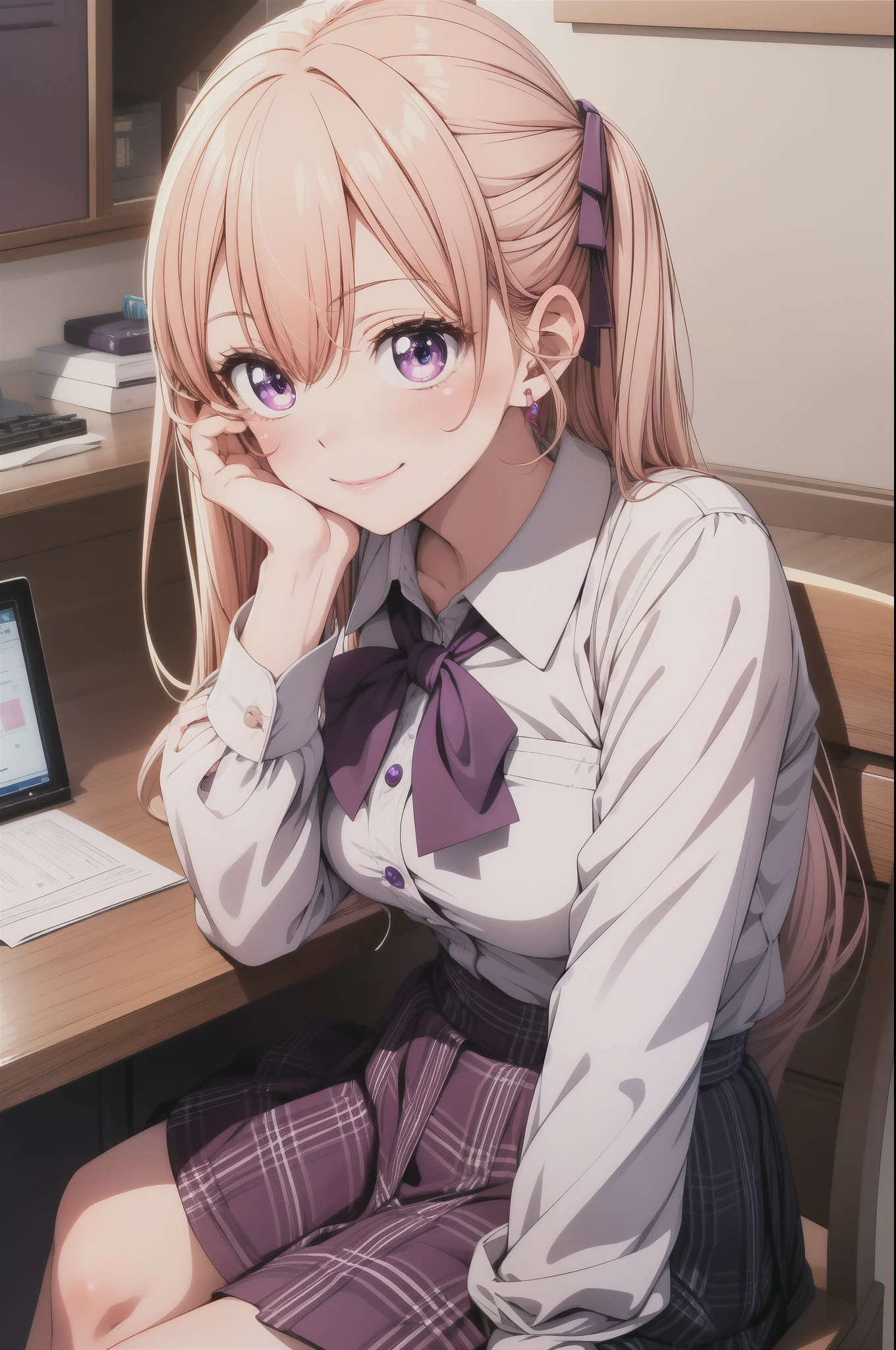 masterpiece, (best quality), 1girl ,solo, erika amano, erika, blond hair, (purple eyes), school uniform, white shirt, skirt, long hair, earrings, jewelry, smile, hair between eyes, embarrassed, blush, beautiful, (perfect eyes:1.1), looking at viewer, bedroom, licking lips, sitting on chair