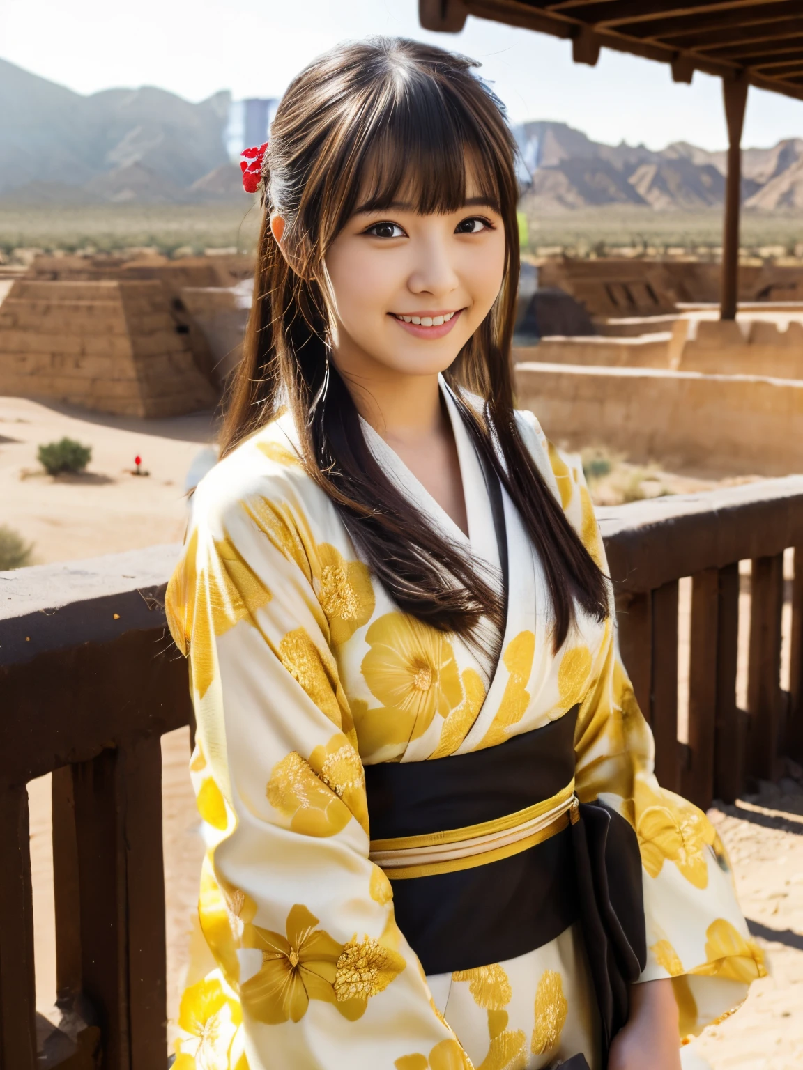 Desert and pyramids in the background,