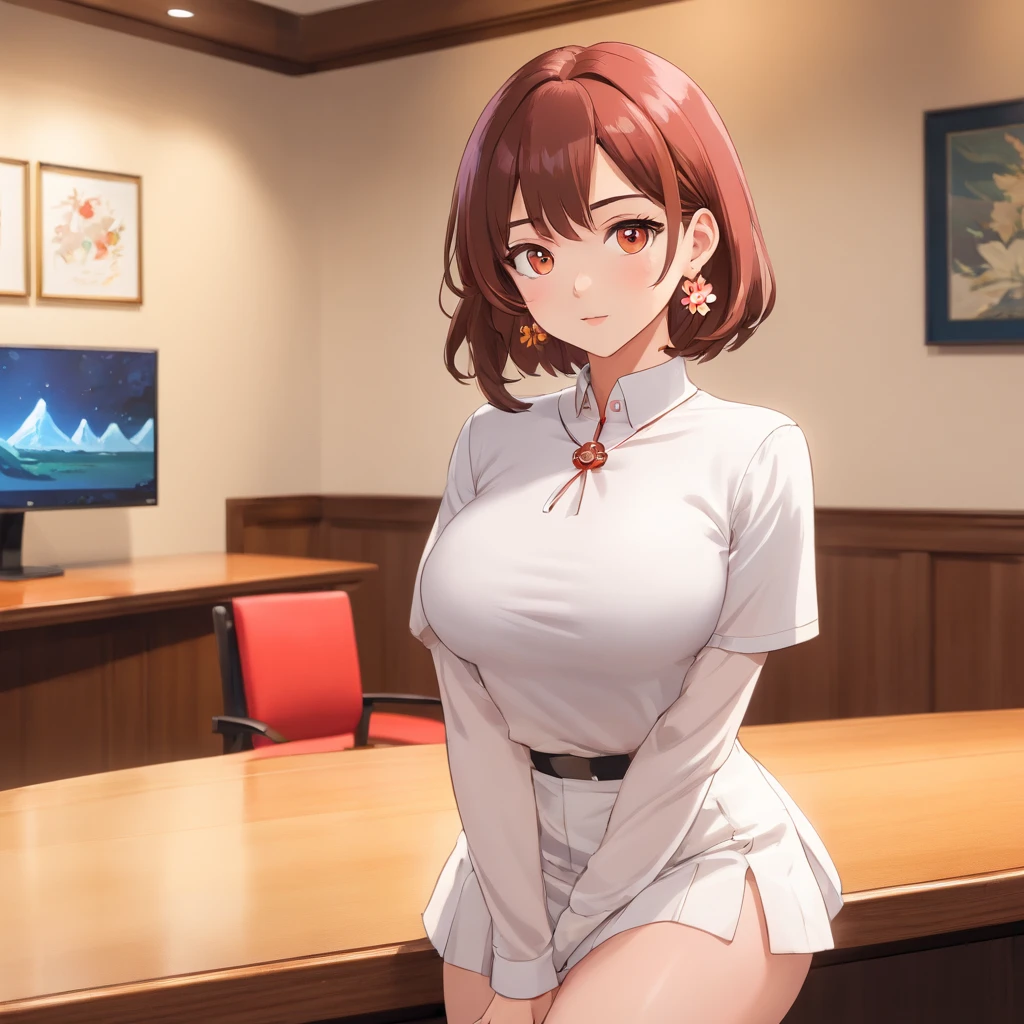 sexy woman, mature milf, huge breasts, large breasts, curvy, voluptuous, completely nude, nude, pussy, nipples, black hair, brown eyes, tomboy pixie cut hairstyle, necklace, earrings, smile, standing, solo focus, leading news, in news studio, big screen in the background, indoors, js_news