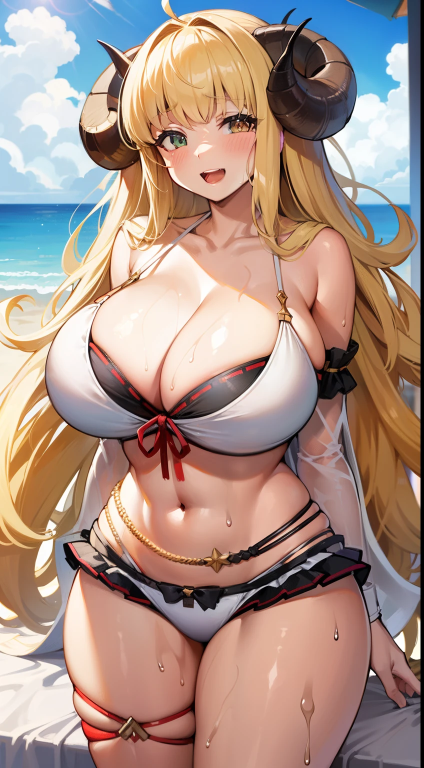 solo, huge breasts, long hair,resort beach, long hair, blonde hair, wide hips,looking at viewer, wide hips, open mouth, smile, bikini,on bed,sweat body, wet body, light,horn,standing