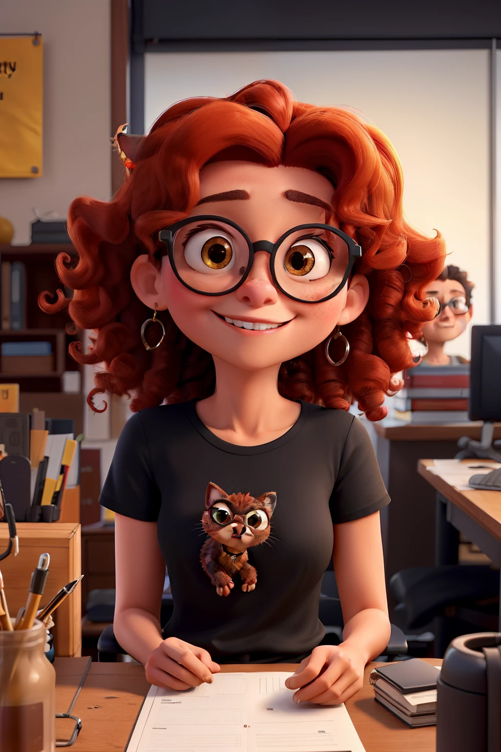 mulher de 40 anos, baixa, olhos pequenos, dark red kitten style glasses, wearing jeans and a black T-shirt, shoulder-length curly yellow hair, rosto arredondado, sorriso grande, orelhas retas, sitting in the office