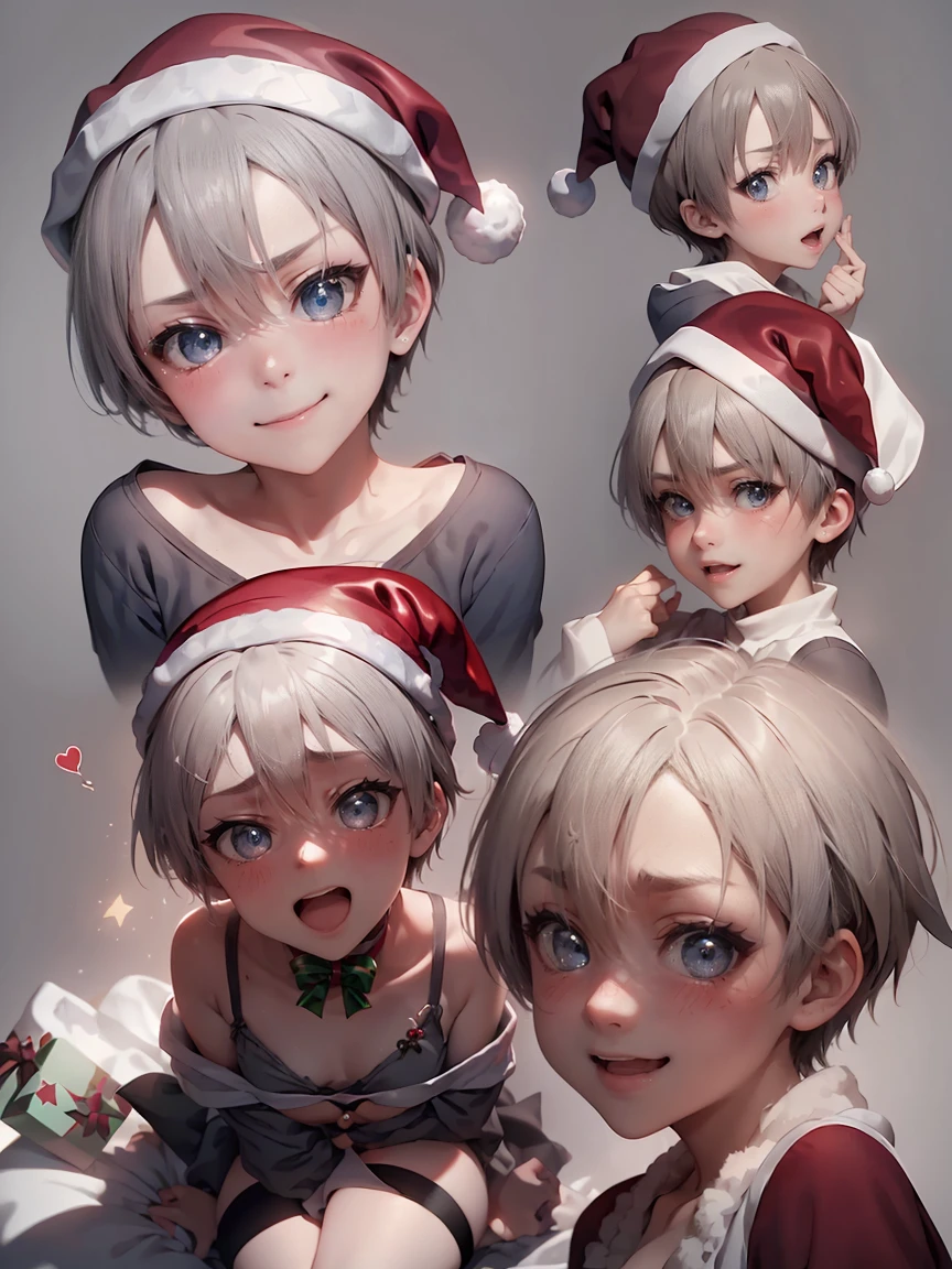 (master piece: 1.1), (uzakihana), chibi, 9 emojis, 9 poses and expressions, (multiple expressions), high detailed face, white hair, short hair, anime character, detailed blue eyes, (happy, smiling, angry, embarassed, blushed), (wearing christmas costumes, (wearing santa hat), christmas clothes, (simple gray background),