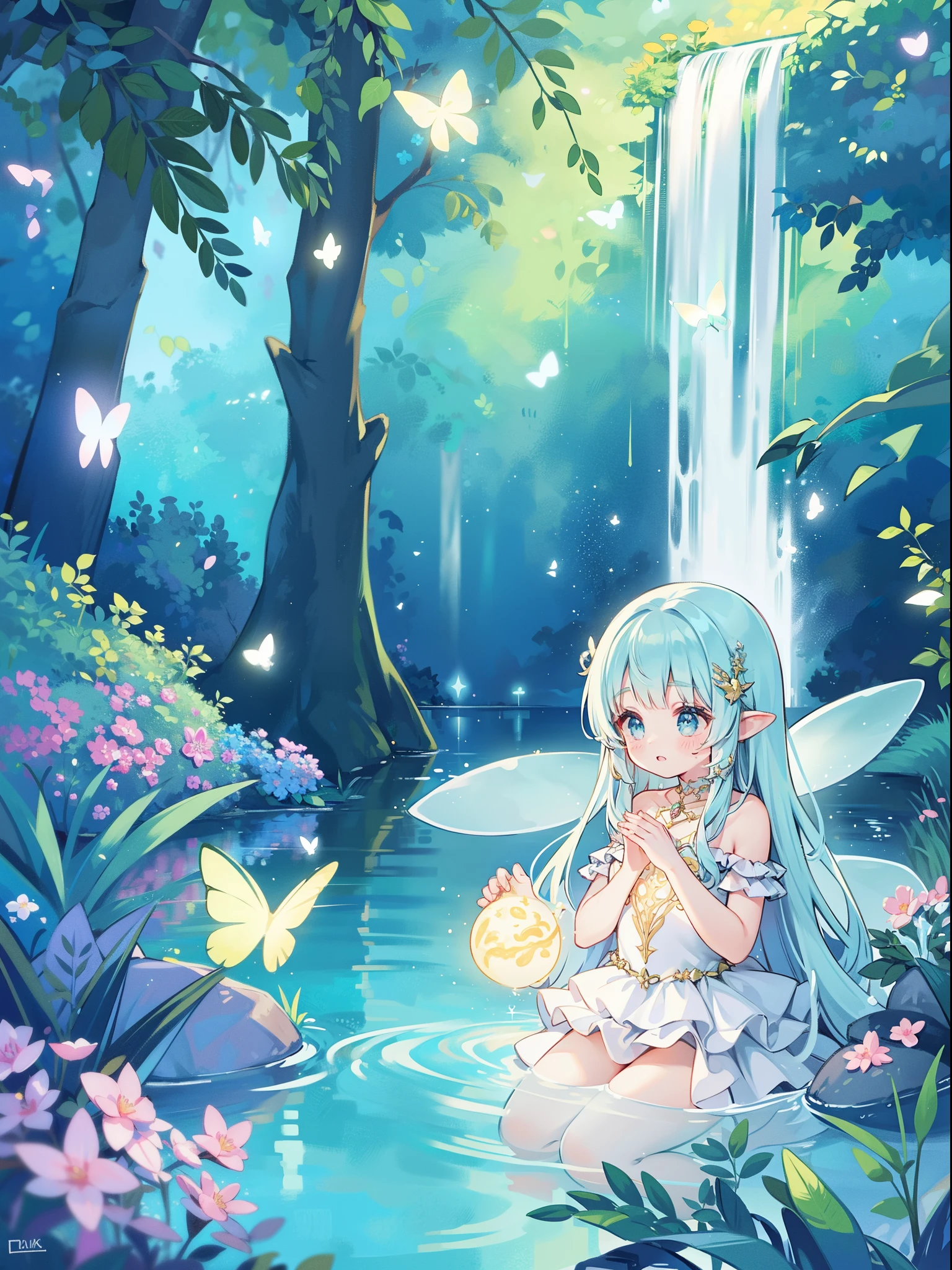beautiful glowing fairy girl in the water, masterpiece, best quality, ((layered glowing fairy dress)), sparkling, glowing aura, sharp focus, intricate details, beautiful face, golden ratio, beautiful, perfect