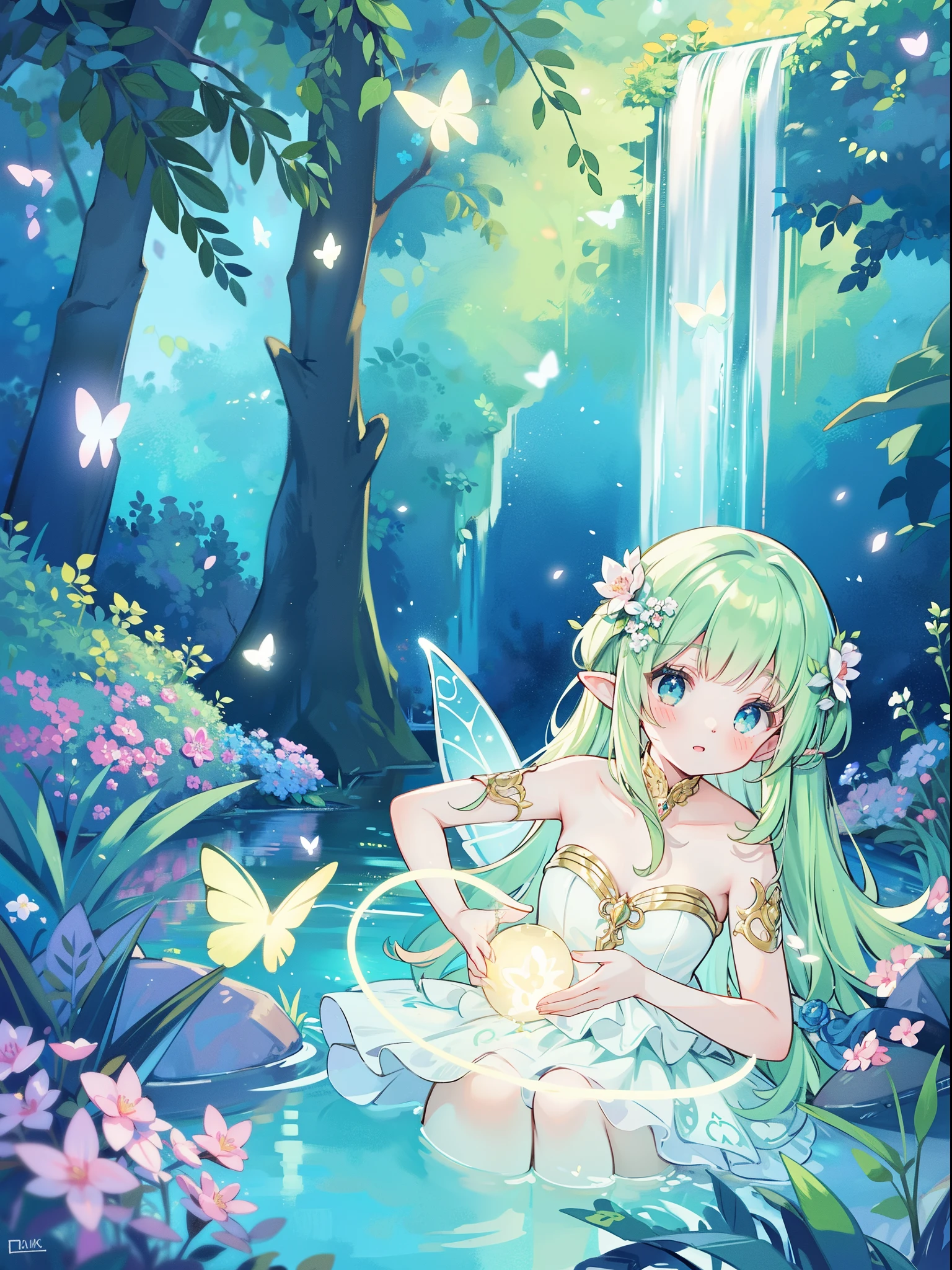 beautiful glowing fairy girl in the water, masterpiece, best quality, ((layered glowing fairy dress)), sparkling, glowing aura, sharp focus, intricate details, beautiful face, golden ratio, beautiful, perfect