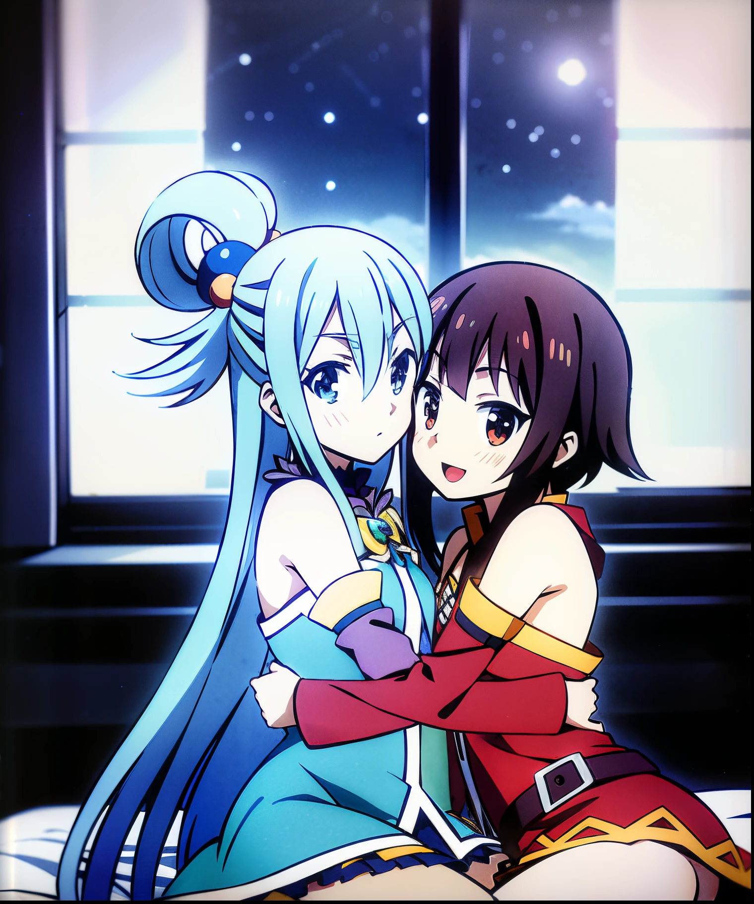 anime characters hugging each other on a bed with a window in the background, night core, duas lindas garotas de anime, Melhor Avaliado em Pixiv, vermelha e azul, azul e vermelha, Aqua Megumin, garotas do anime Konosuba, Pixiv, Estilo anime 4K, Ciano e Magenta, anime moe artstyle, trending on pixiv, Mikudayo