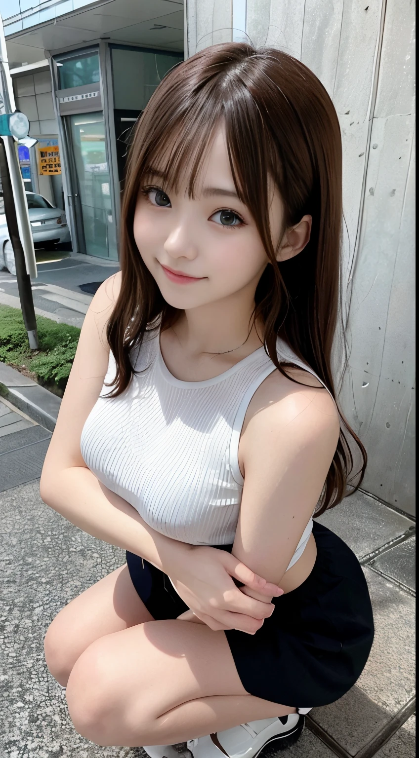 top-quality、超A high resolution、(Photorealsitic:1.4)、(ulzzang-6500:0.4)、Beautie、Japan Idols、18year old、length hair、light brown hair、Clean and wavy hairstyle、small tits、Very small breasts、Realistic eyes, slender narrow eyes、Beautiful eyes、A smile、croptop、Tank Tops、Wear a see-through shirt、a miniskirt、In the street、crouching down、slender、A slender、Slender body lines、Shot diagonally from above