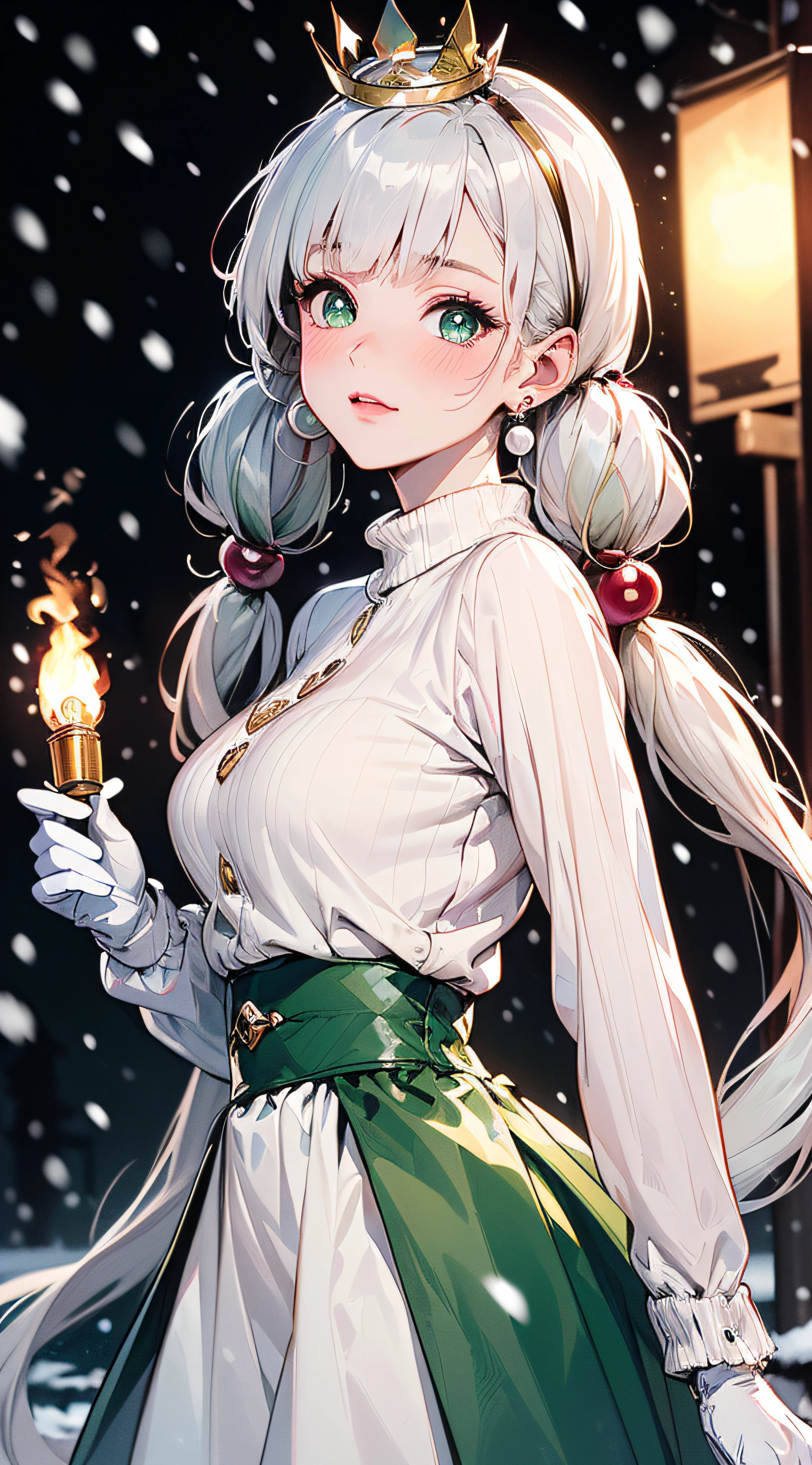 (((((green pupils,pearl white hair))))),((((((on the hill,outdoor,torches,snowing,)))))(((ribbed sweater,black otokoyaku,beautiful detailed white gloves,))) (((blushing))), (geometric:1.1), ((1girl,under-aged,amazing,seductive girl，Solo，from above,))(Masterpiece,Best quality, offcial art, Beautiful and aesthetic:1.2),((超高分辨率,Golden ratio,)) (16k),((sagging breasts)),(Physically-based rendering),Sharp focus, (((highdetailskin,))),Intricately detailed clothing，Delicate pupils,danfeng eye,((((large pearl crown|detailed hair|long long hair|half bangs|Long bold side bang|low twintails,)))),Slender,(masterpiece sidelighting),(The sheen),(beautiful hair,beautiful eyes,）((unbelievable Ridiculous quality,blur background,bokeh:55mm)),((extremely_Detailed_Eyes_and_face)),Movie girl,(Dynamic configuration: 1.2),Brilliant,Glossy, (Photorealistic), ((hairclip,round earrings)), two-sided fabric,disheveled hair,Ultra-precise depiction, Ultra-detailed depiction,