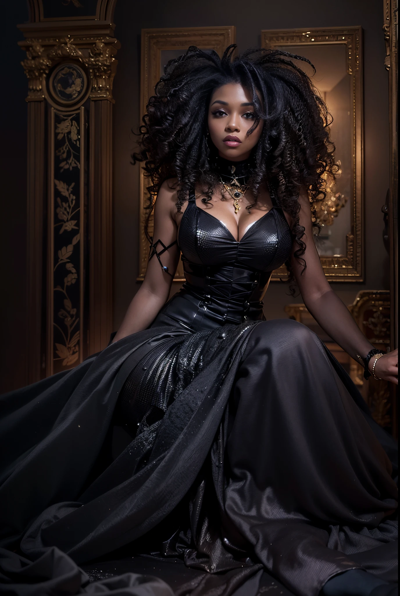 a black woman, light skin, in a black, velvet dress, posing for a picture, draped in velvety black, black dress, draped in black, light hues, gold glow, black aura, wearing a dress of velvety black, glowing black aura, gorgeous woman, black clothes, black pantyhose, bathed in light, big hair, curly hair, long hair, full body pose, medium size breasts, gothic, dark fantasy, dark fantasy back ground