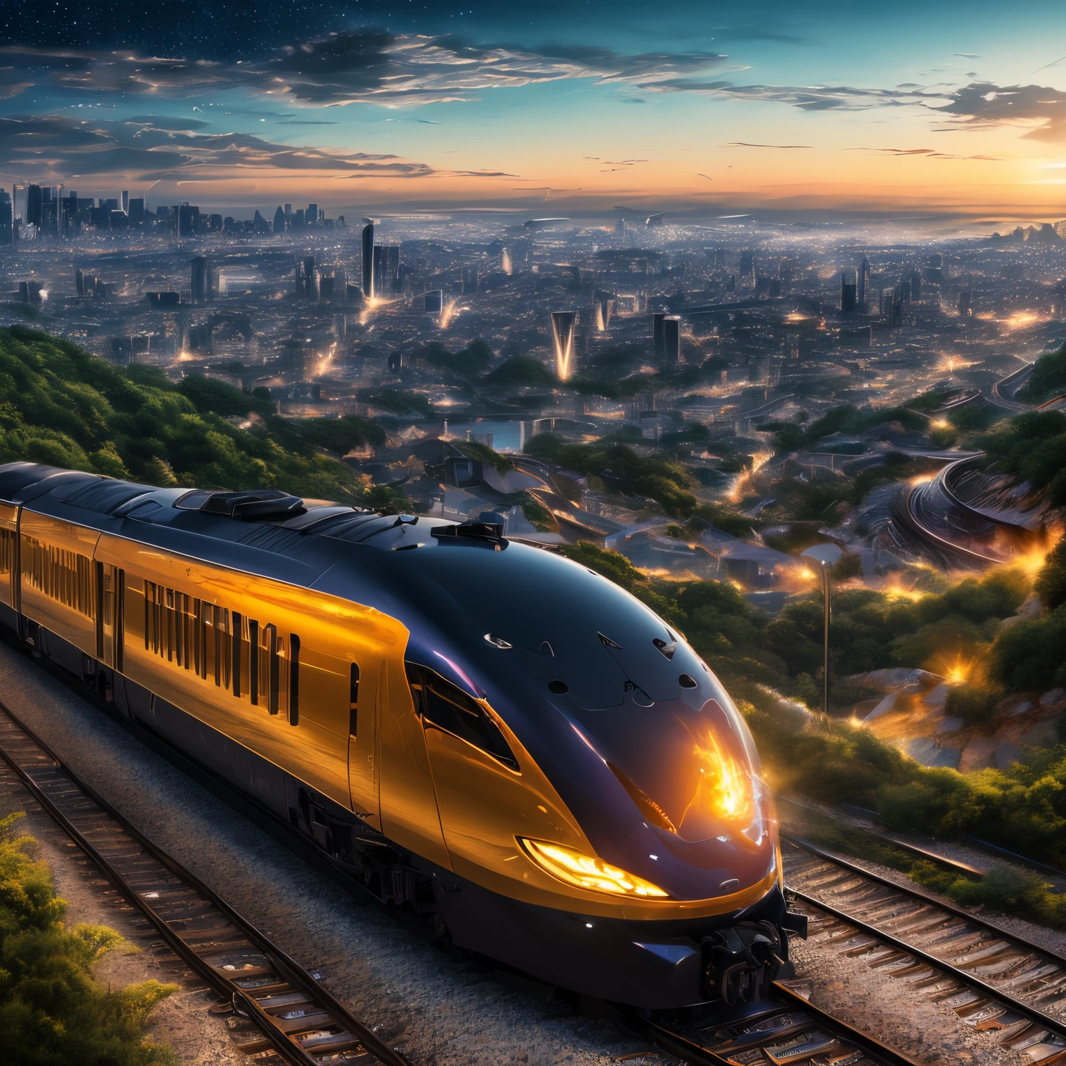 finest image, (8k, RAW photo, realistic), train, Galaxy Express, futuristic vehicle, streamlined, iridescent metal plated, detailed and delicate depiction and flashy and dynamic painting method, background galaxy, (magnificent view:1.5), professional wide angle flame