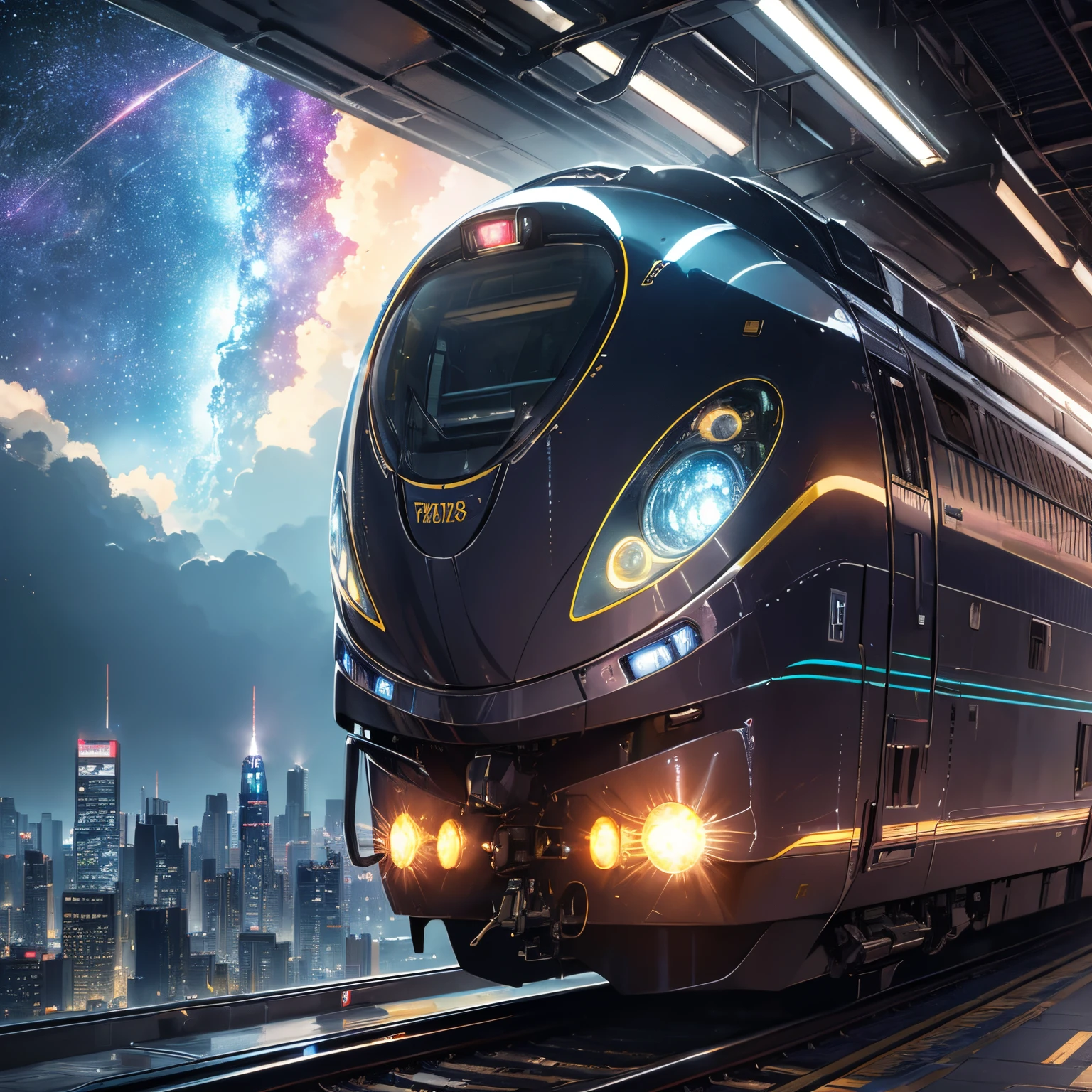 finest image, (8k, RAW photo, realistic), train, Galaxy Express, futuristic vehicle, streamlined, iridescent metal plated, detailed and delicate depiction and flashy and dynamic painting method, background galaxy, (magnificent view:1.5), professional flame