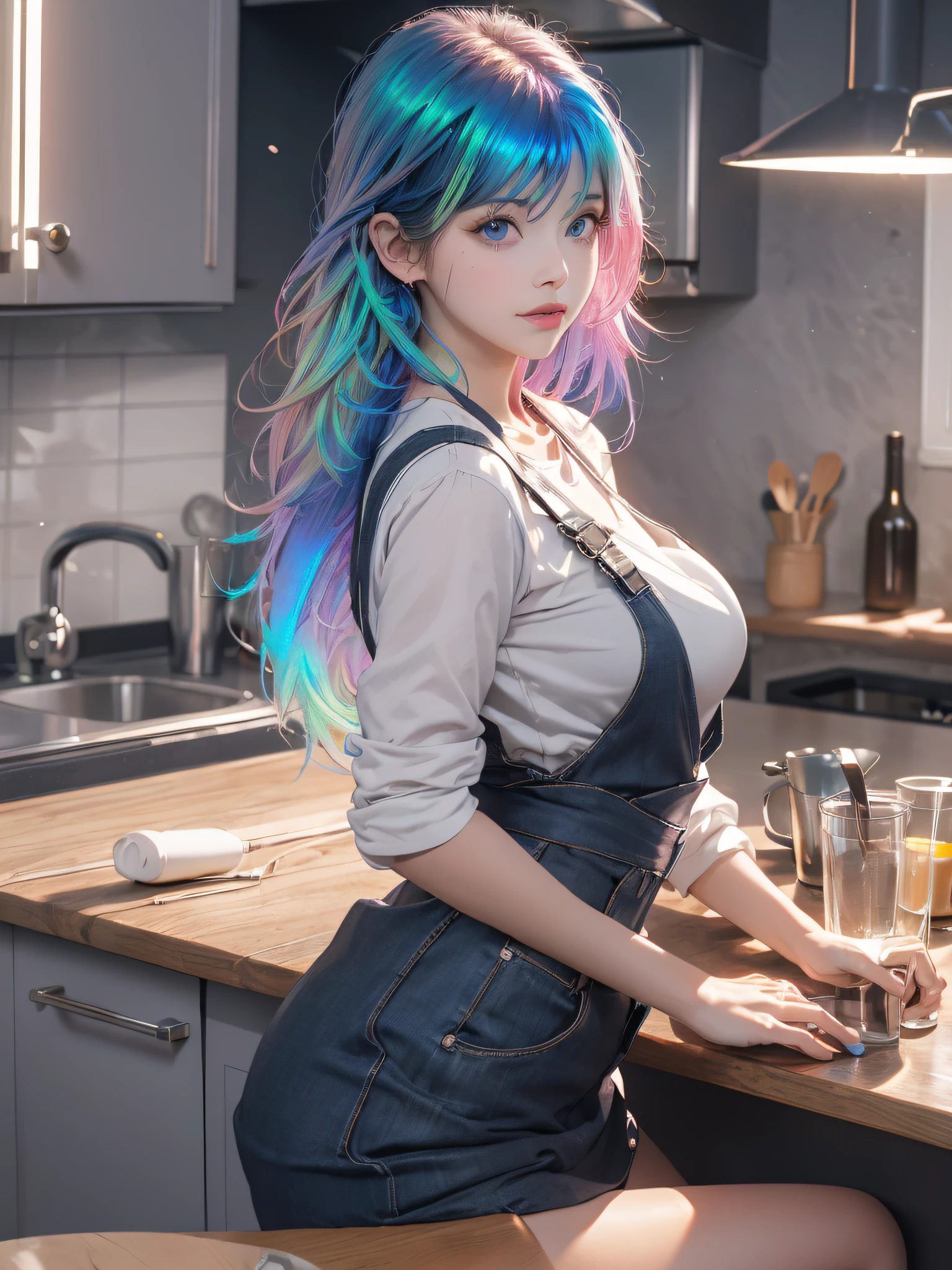 An adult woman wearing a kitchen apron, tied up hair, bluish eyes, perfect thick lips, small mouth, small breasts, thick legs, big ass, {extremely detailed 16k CG unit wallpaper}, expansive landscape photography, (a low view with focus on character), (wide open field view), (low angle shot), (high light: 1.5), (low light: 1.3), (warm light source: 1.2), complex details, (iridescent colors: 1.5), (bright lighting), (atmospheric lighting), dreamy, unique,