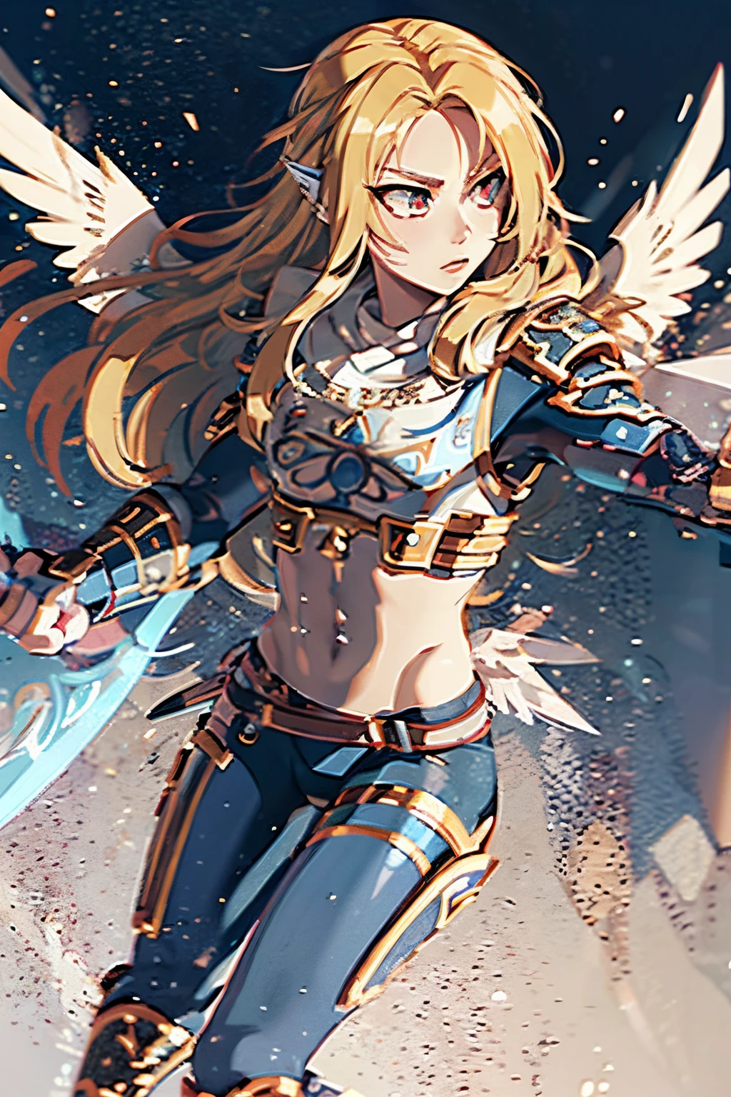 1 boy, Valkyrie, warrior, wielding a sword, wings, fire magic, wearing armor, flat chest, (androgynous 1.5), wielding a shield, blue hair, green eyes, brown wings, long hair, pants, 16k, HD, Professional, Highly Detailed