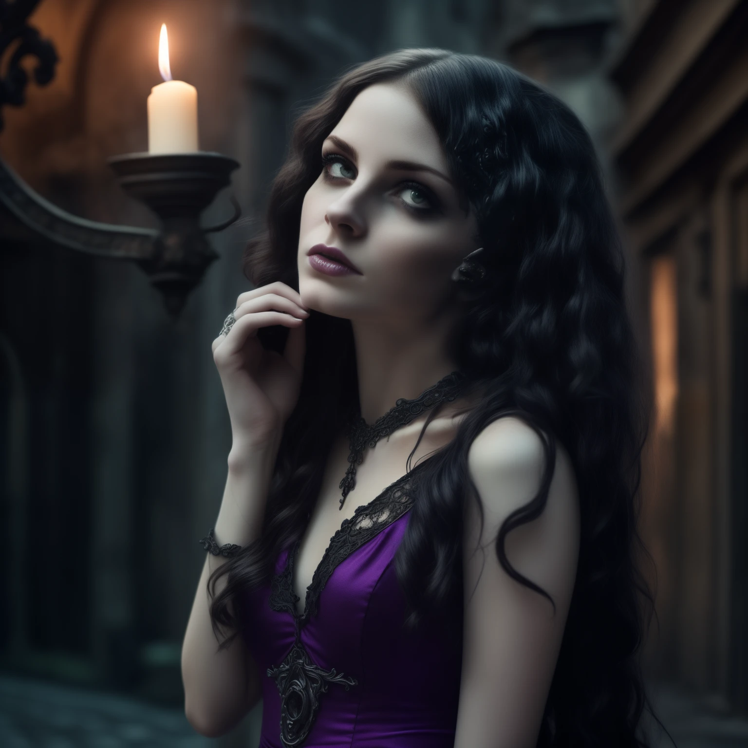 (gothic,pale,beautiful,serious)girl with (vibrant,purple), (piercing,deep)eyes filled with (dark,haunting)desire and (mysterious,unyielding)resolve. The (hauntingly,ethereal)atmosphere is (filled,tinged)with (subtle-melancholic-gothic)colors, as the (faint,flickering)candlelight (gently)dances upon the (damp,cobblestone)pavement. The (detailed,ornate)skull is adorned with (intricate,elaborate)carvings, its (empty,hollow)eye sockets (shining,glowing)with a (mystical,otherworldly)light. The girl's (ivory,pale)skin contrasts against the (deep,rich)colors of her (elegant,fitted)black dress, (accentuating,enhancing)her (graceful,elegant)silhouette The scene exudes a sense of (dark,romantic)intimacy and (eternal,endless)love, creating a captivating blend of beauty and darkness. The (highly-realistic,detailed)artwork awakens a mix of emotions, inviting viewers to explore the (deep,dark)depths of the human psyche. The (best quality,high-res)(4k,masterpiece:1.2) image captures every (intricate,subtle)detail, immersing the audience in this (gothic)moment in time.